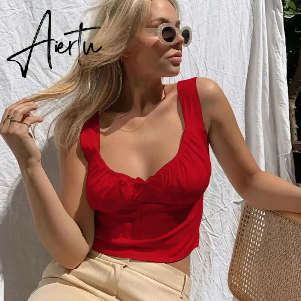 Aiertu  Women Summer Milkmaid Crop Tops Tanks Summer White Ruched Bow Slim Camis Ladies Wide Strap Tees Skinny Femme Camisole S M L