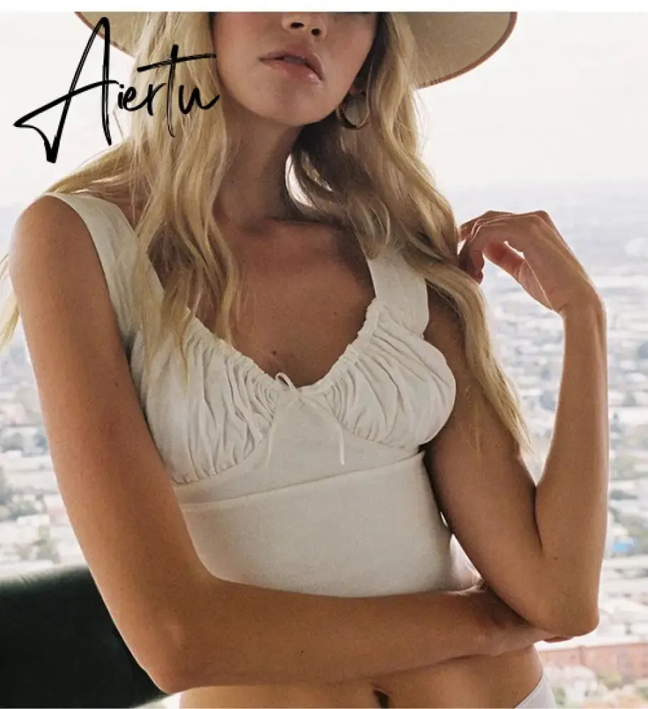 Aiertu  Women Summer Milkmaid Crop Tops Tanks Summer White Ruched Bow Slim Camis Ladies Wide Strap Tees Skinny Femme Camisole S M L