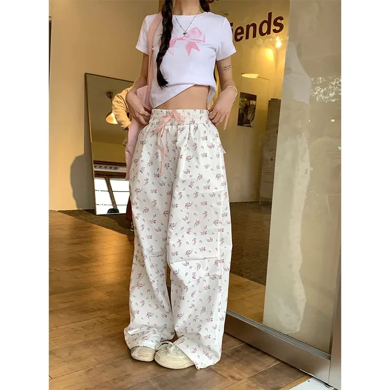 Aiertu Women's Flower Print Pants Y2k 2000s Fashion High Waist Baggy Trousers Harajuku Wide Leg Pants 90s Aesthetic Fashion Clothes New