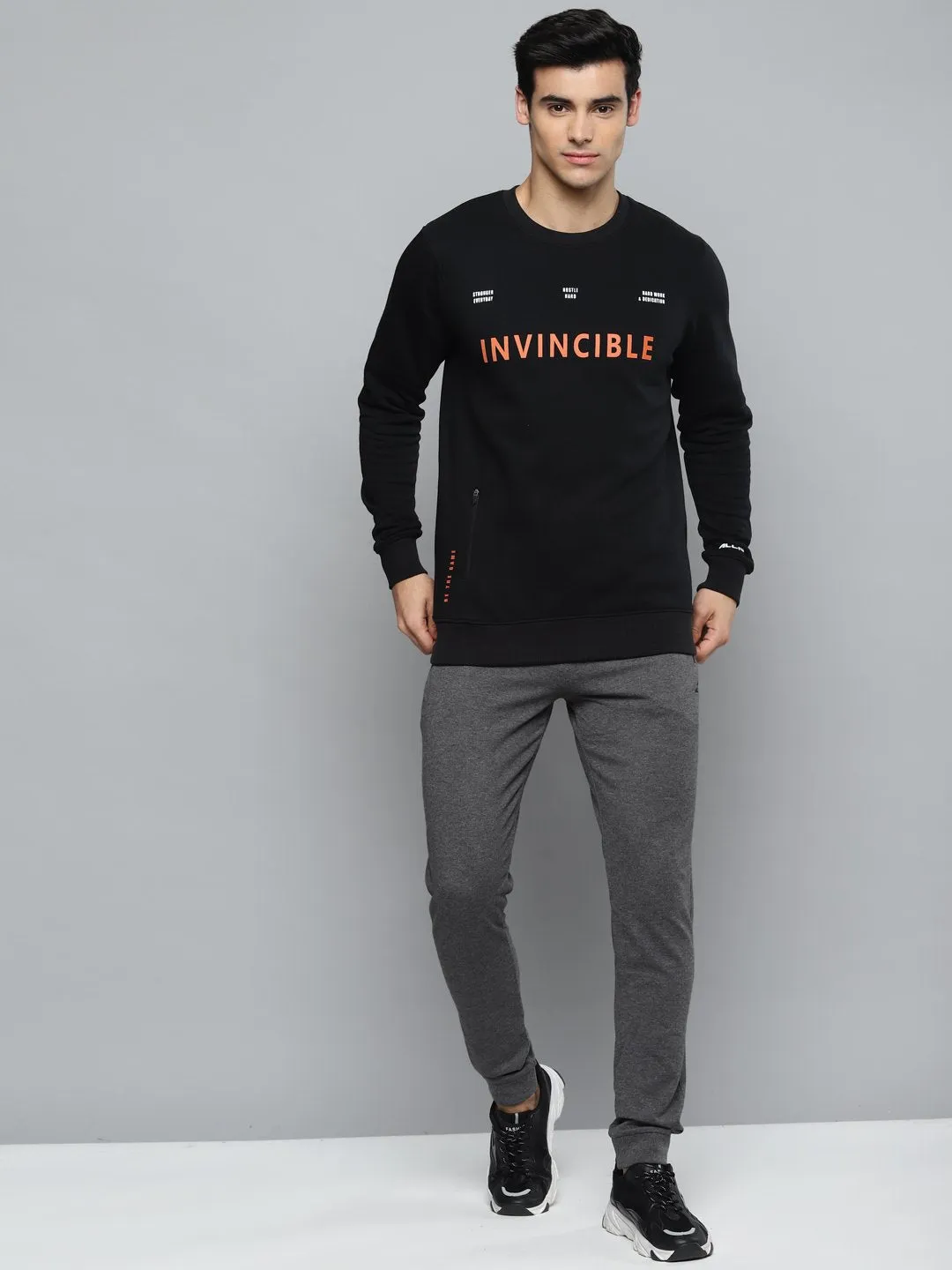 Alcis Men Black & Orange Typography Printed Cotton Sweatshirt