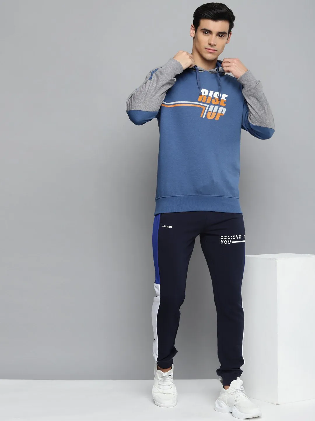 Alcis Men Blue & Orange Typography Printed Cotton Hooded Sweatshirt