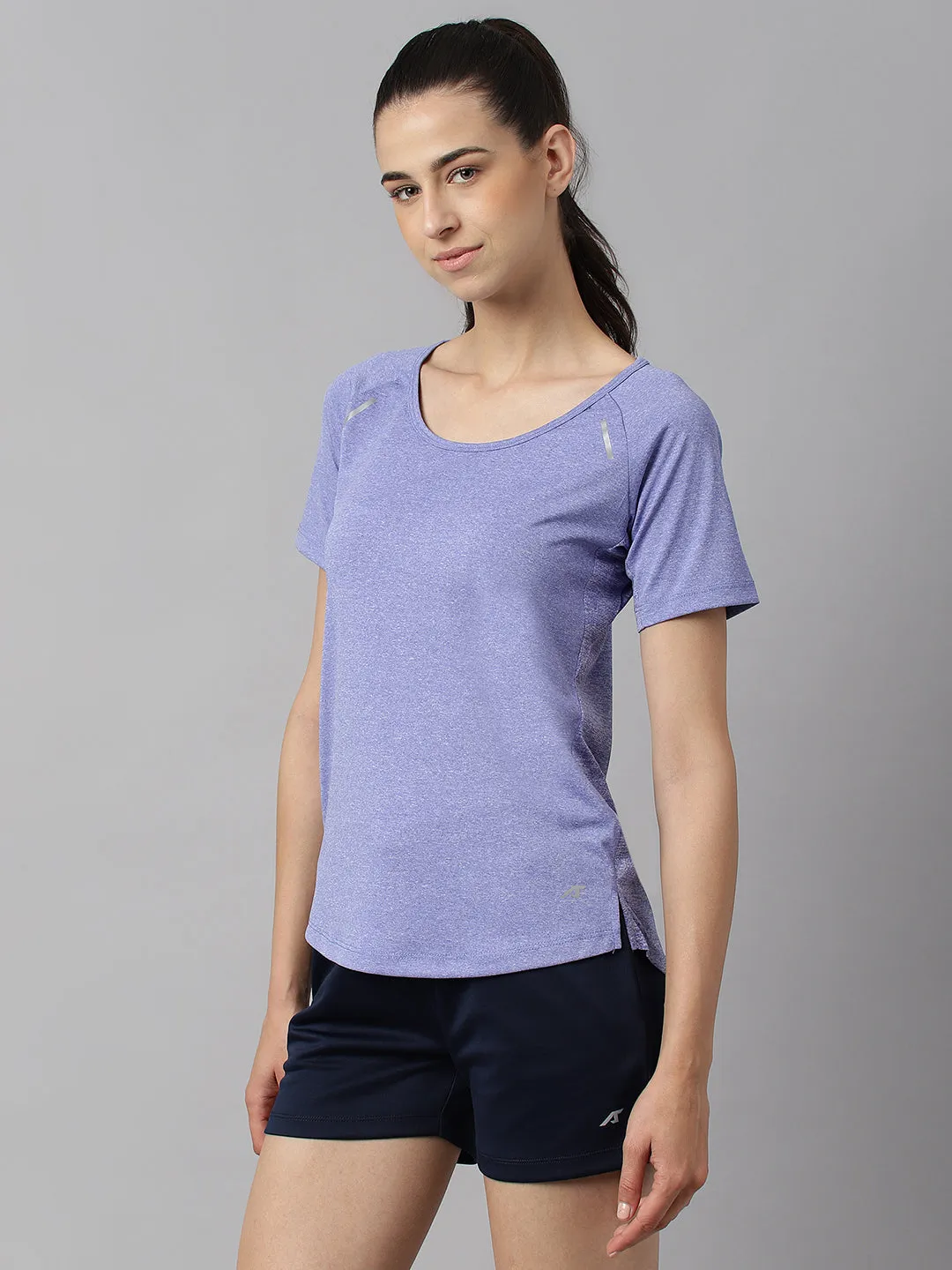 Alcis Women Iris Bloom Heather Anti-Static Slim-Fit Round Neck Distance Training T-Shirt