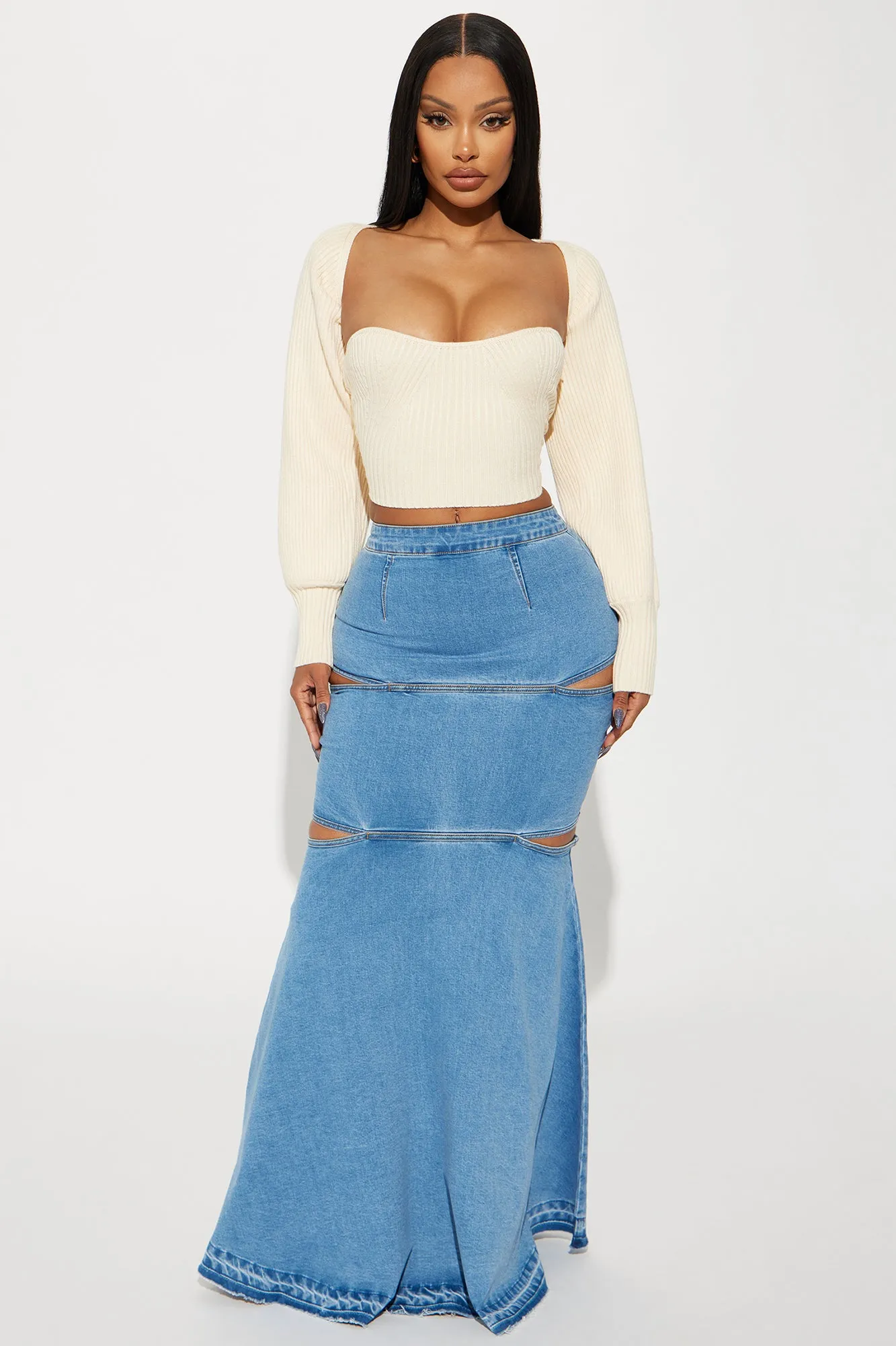 All Of Me Cut Out Denim Maxi Skirt - Medium Wash