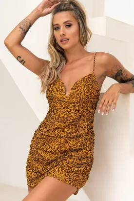 All That Jazz Cami Strap Mini Dress Leopard Print Mustard