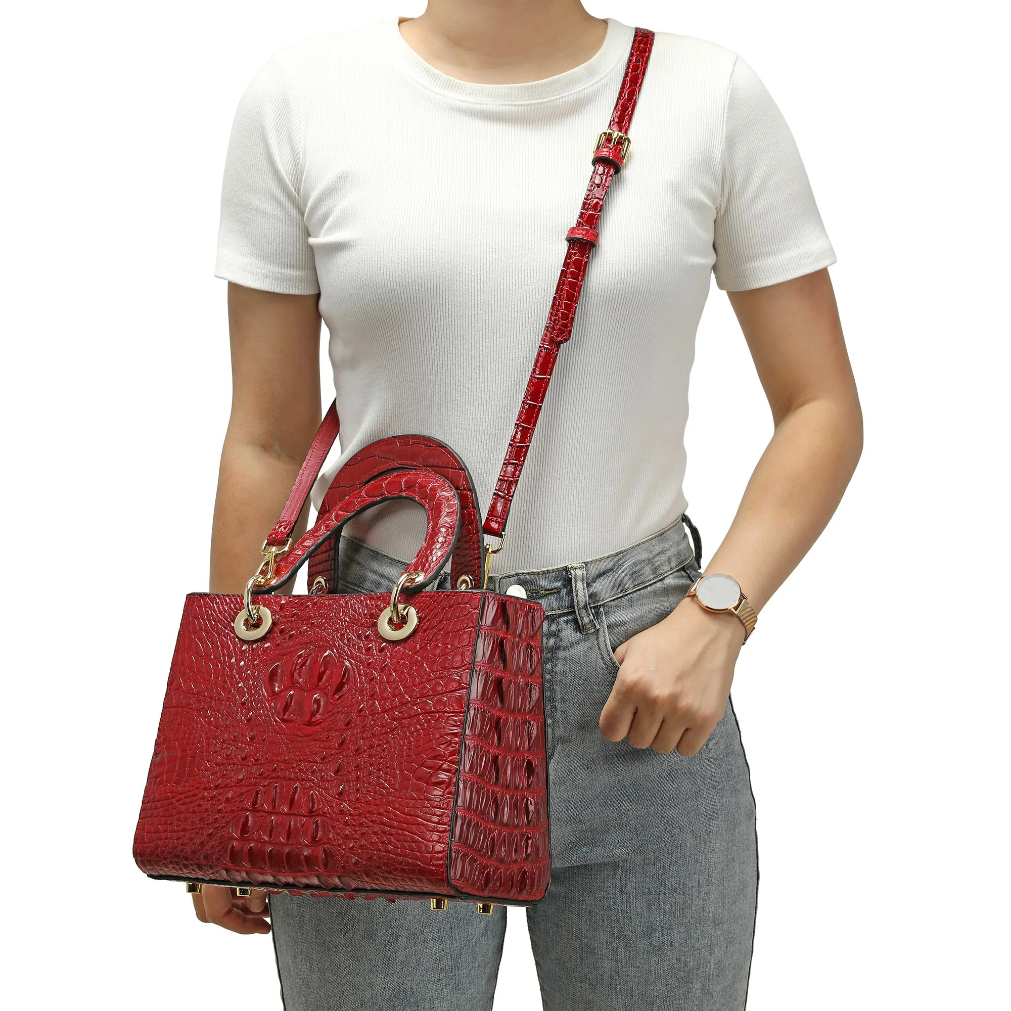 Alligator Embossed Leather Satchel