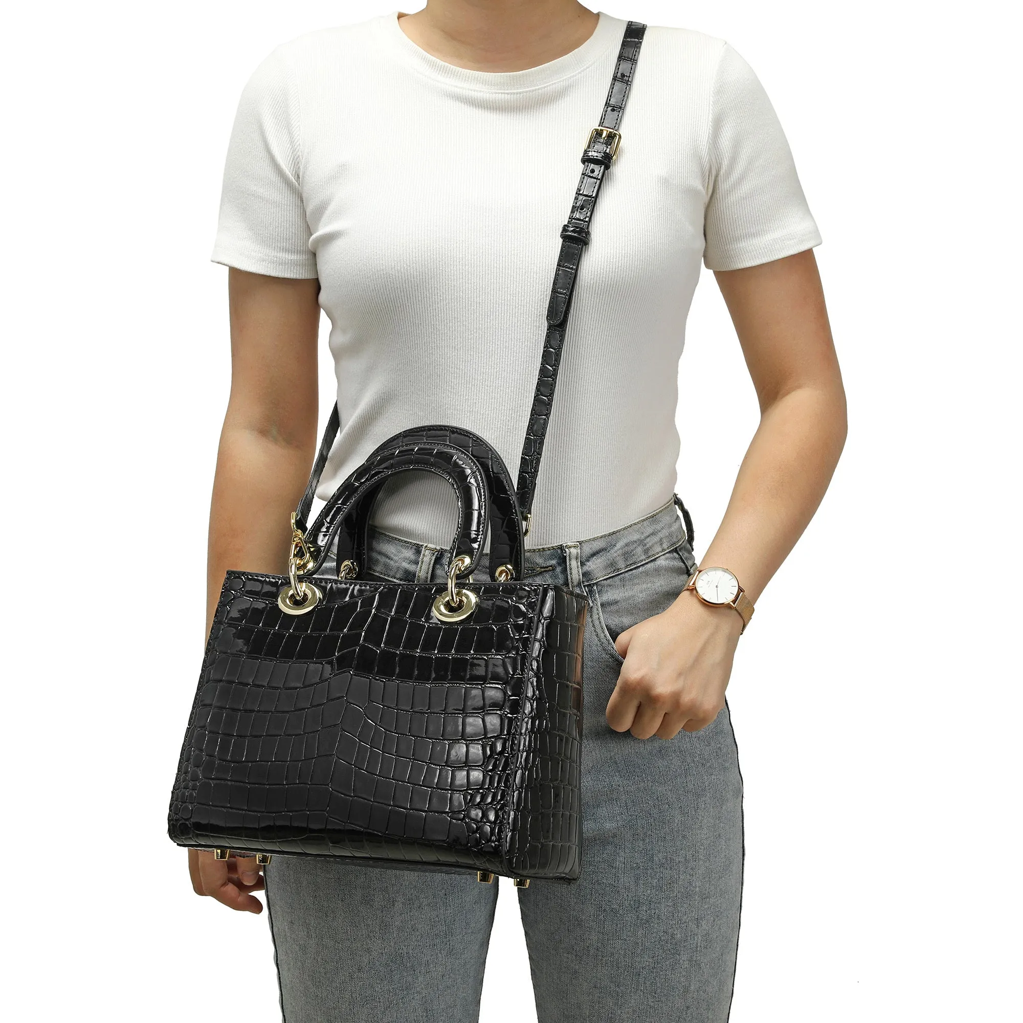 Alligator Embossed Leather Satchel