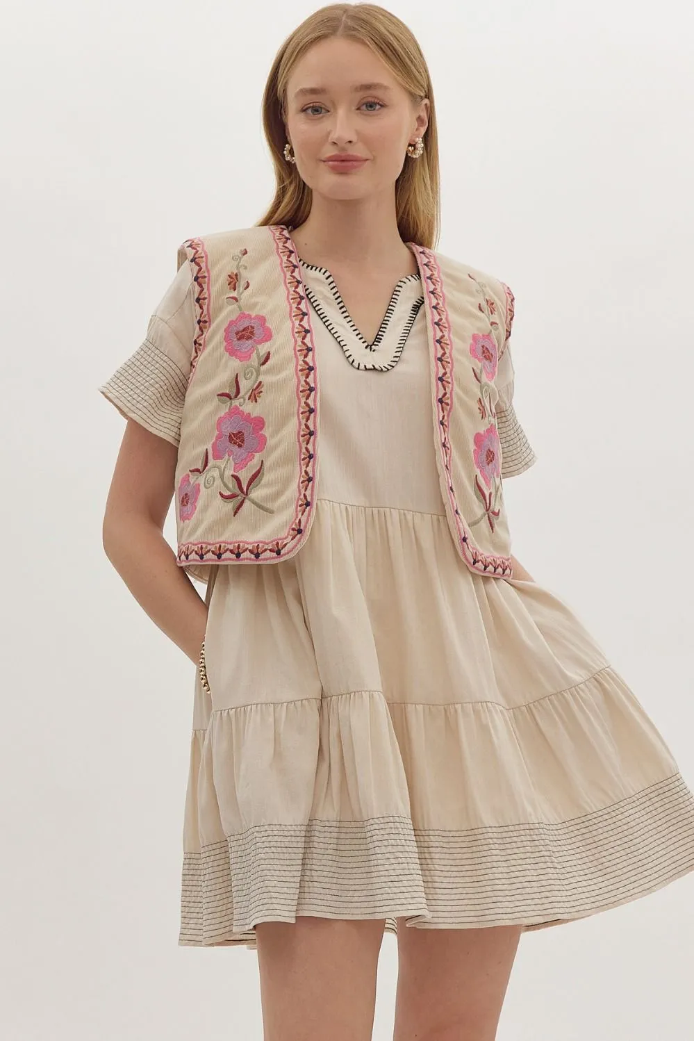 Amelia Corduroy Floral Embroidered Vest - Ecru