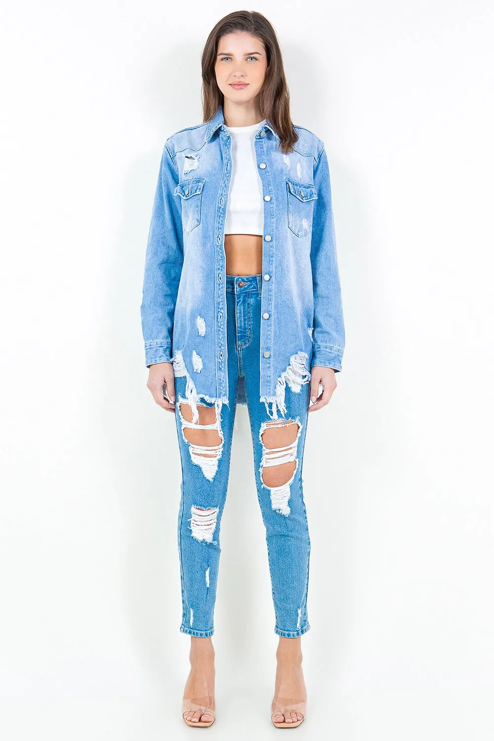 American Bazi Frayed Hem Distressed Denim Shacket