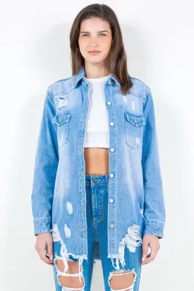 American Bazi Frayed Hem Distressed Denim Shacket