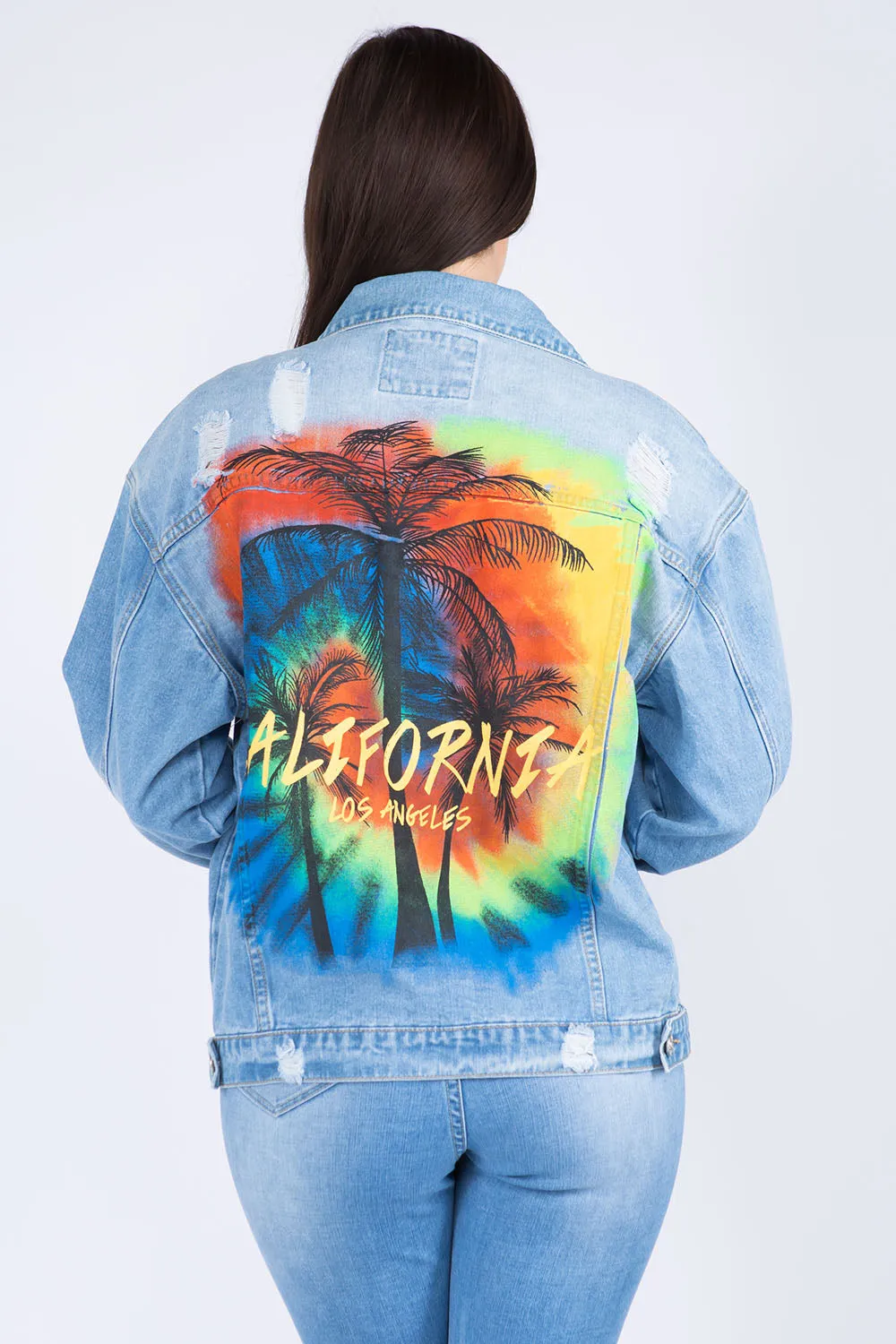 American Bazi Full Size Painted Back Distressed Denim Jacket