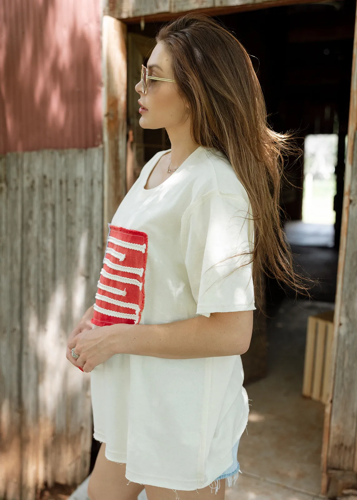 Americana Flag Stitched Short Sleeve Top