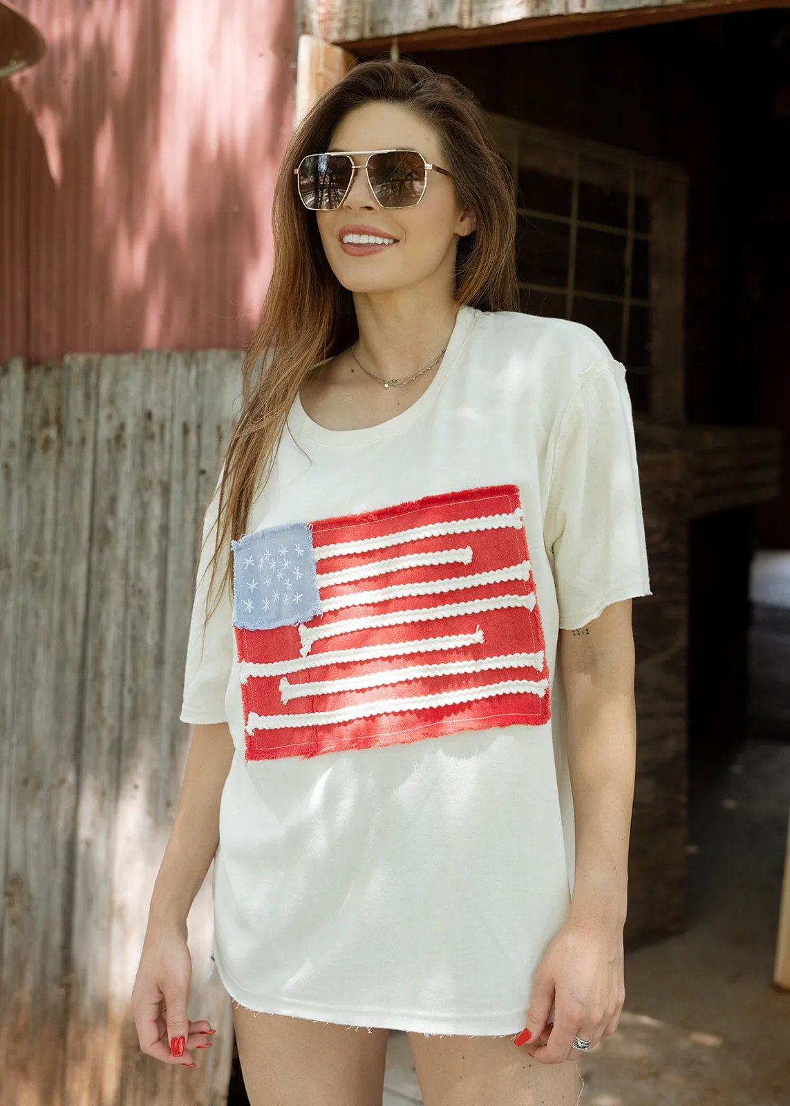 Americana Flag Stitched Short Sleeve Top