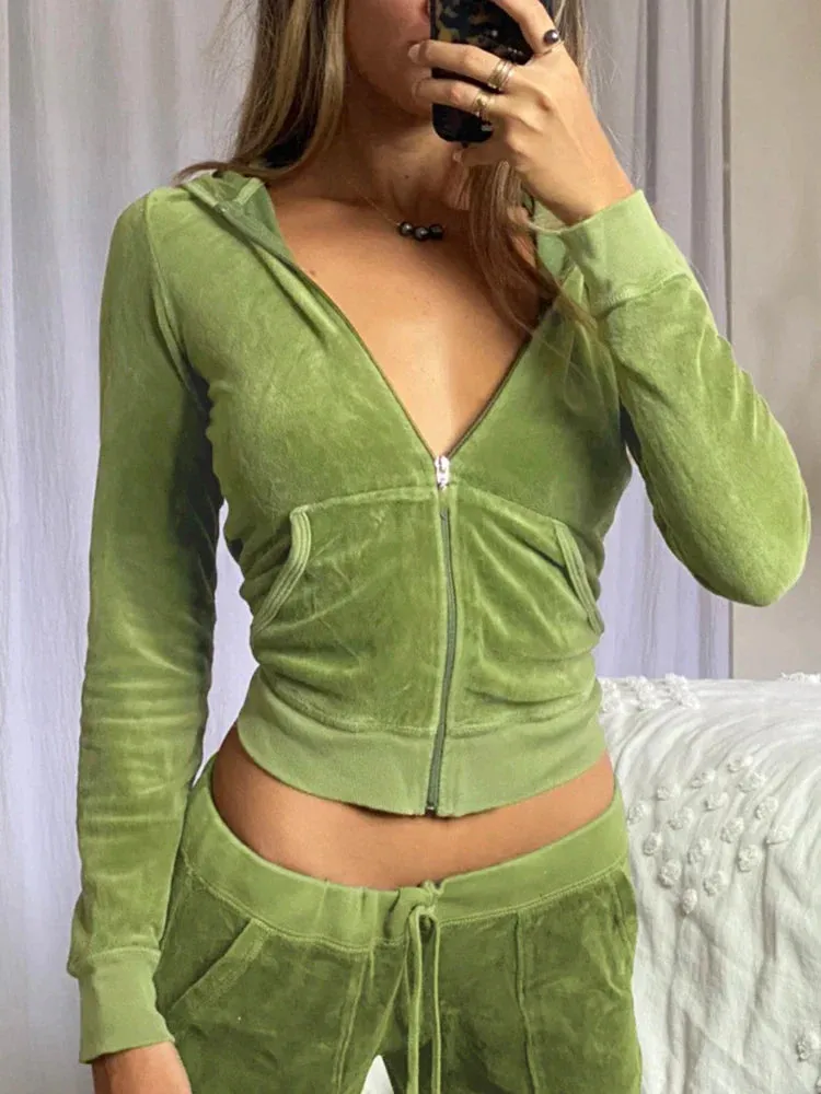 Amozae Casual Velvet Crop Top Winter Jacket Women Green Pink Zip Up Hoodies Coats Ladies Fashion Skinny Overcoat Streetwear