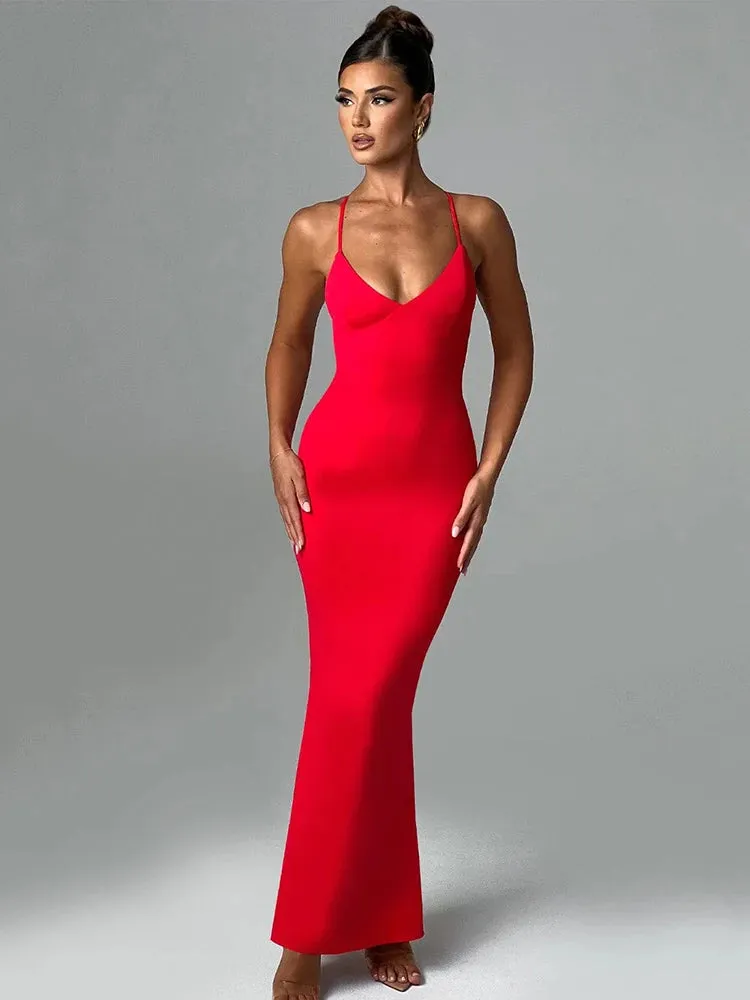 Amozae Spaghetti Strap Backless Sexy Maxi Dress For Women Fashion Summer New Sleeveless Bodycon Club Party Long Dress Elegant