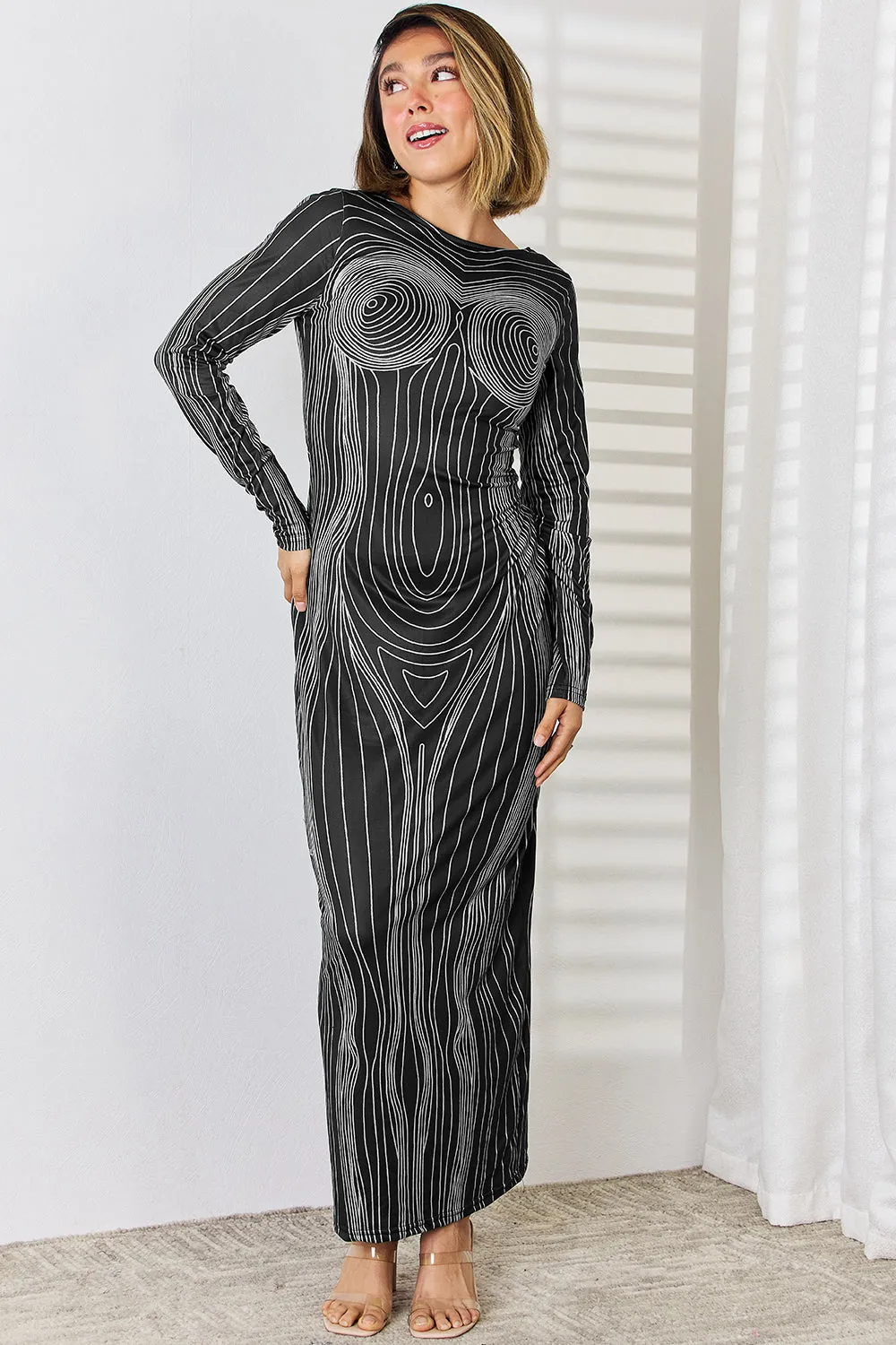 Anatomy Tight Long Dress Sexy Casual Women's Fashion Cutout Round Neck Long Sleeve KESLEY Maxi Dress