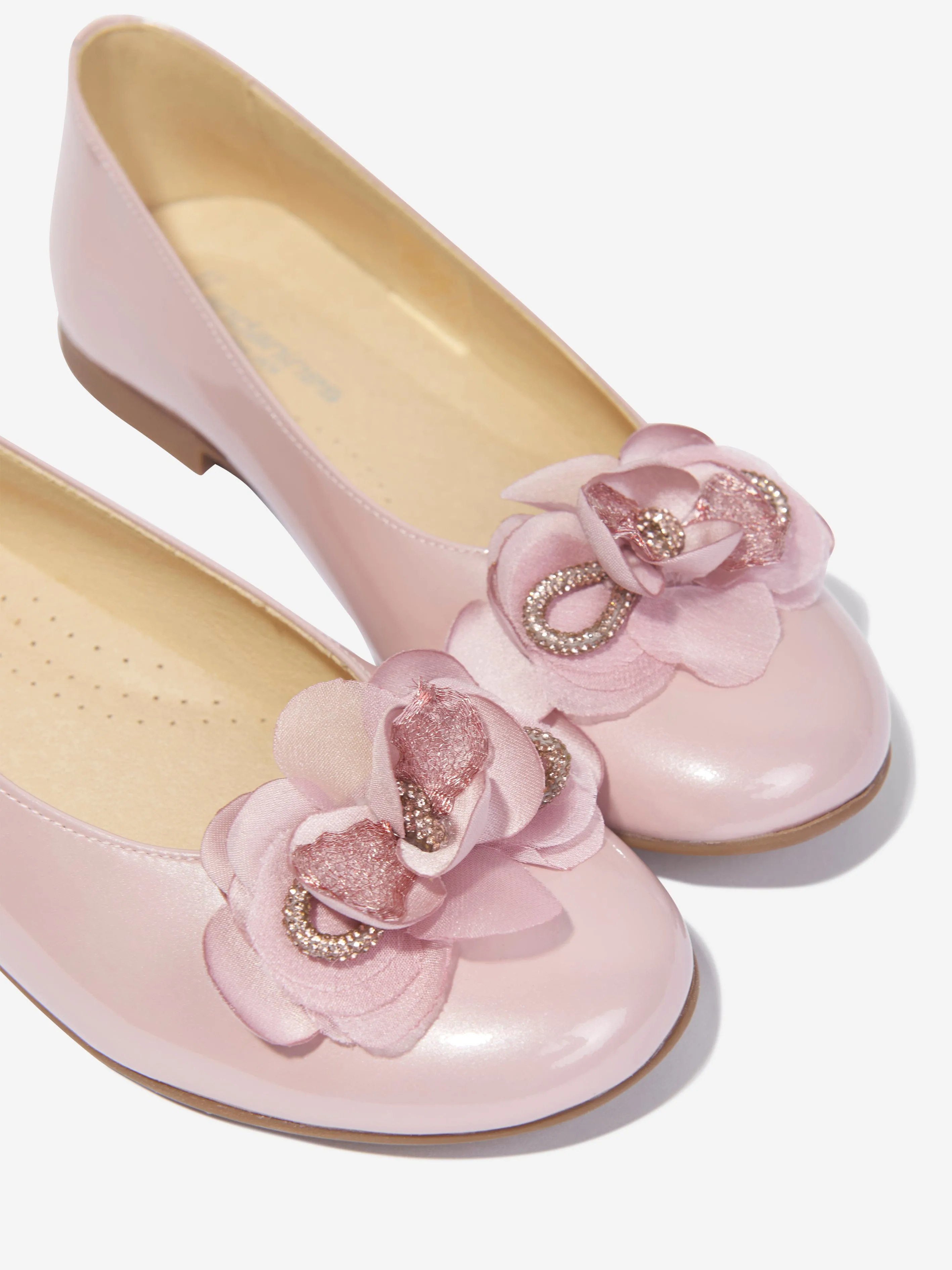 Andanines Girls Leather Flower Ballerina Pumps in Pink