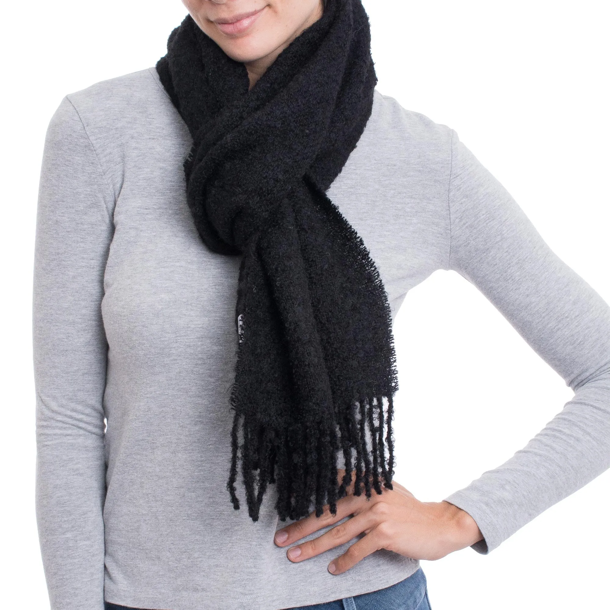 Andean Delight in Black 100% Alpaca Wrap Scarf in Solid Black from Peru