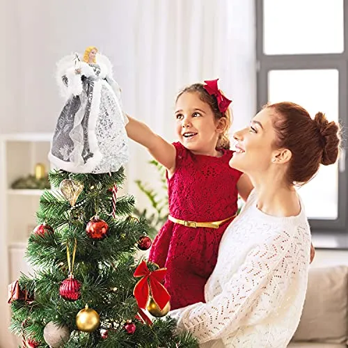 Angel Tree Topper 12 inch Tall Silver and White Dress Indoor Christmas Decoration