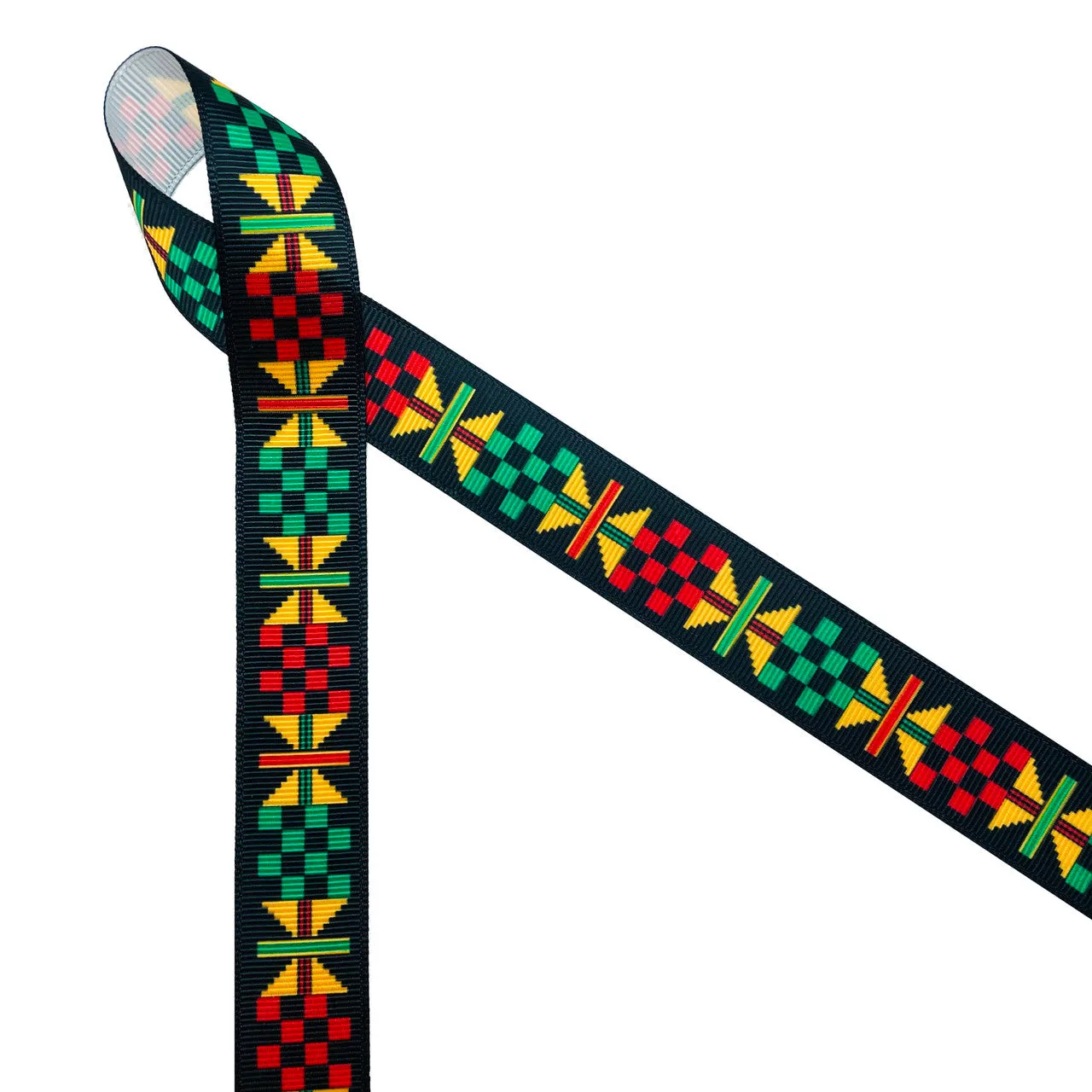 Ankara Kente ribbon African design yellow, green, black printed on7/8" white grosgrain ribbon