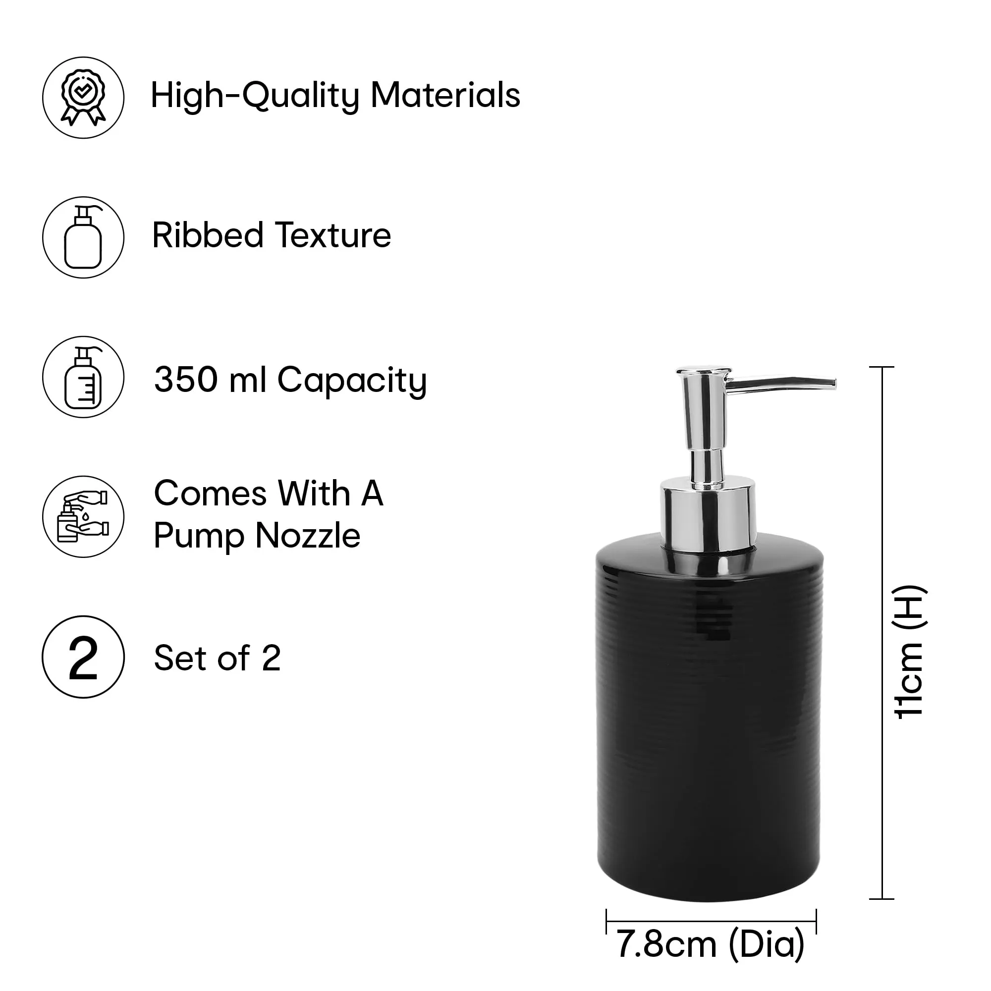 Anko Liquid Soap Dispenser - Pack of 2 | Stoneware | Bathroom Sanitizer, Lotion, Shampoo Dispenser | Ceramic Handwash Bottle for Kitchen | Soap Dispenser for Wash Basin |Black | 350 ml