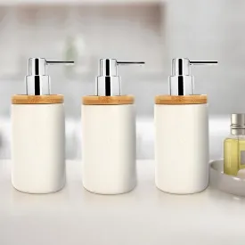 Anko Liquid Soap Dispenser - Pack of 3 | Ceramic and Bamboo Top| Bathroom Sanitizer, Lotion, Shampoo Dispenser | Handwash Bottle for Kitchen | Soap Dispenser for Wash Basin | 320 ml