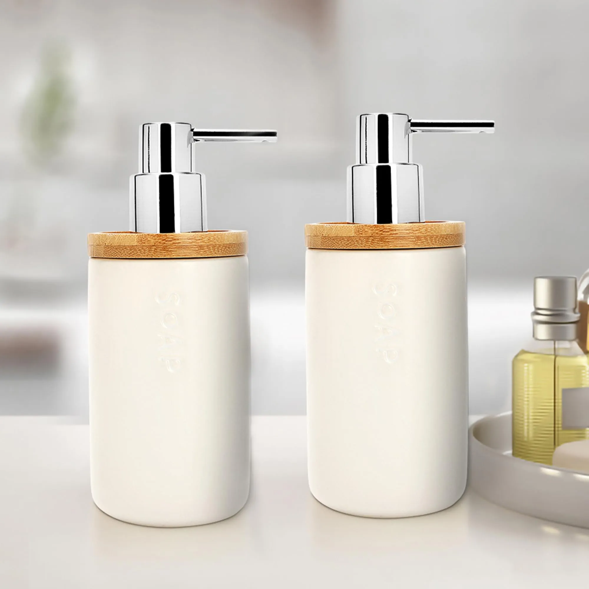 Anko Round Bamboo Soap Dispenser - Set of 2 | Elegant and Functional Bathroom Accessory | Natural Look| Easy to Clean| Aesthetic Bayhroom Decor 250ml Capacity