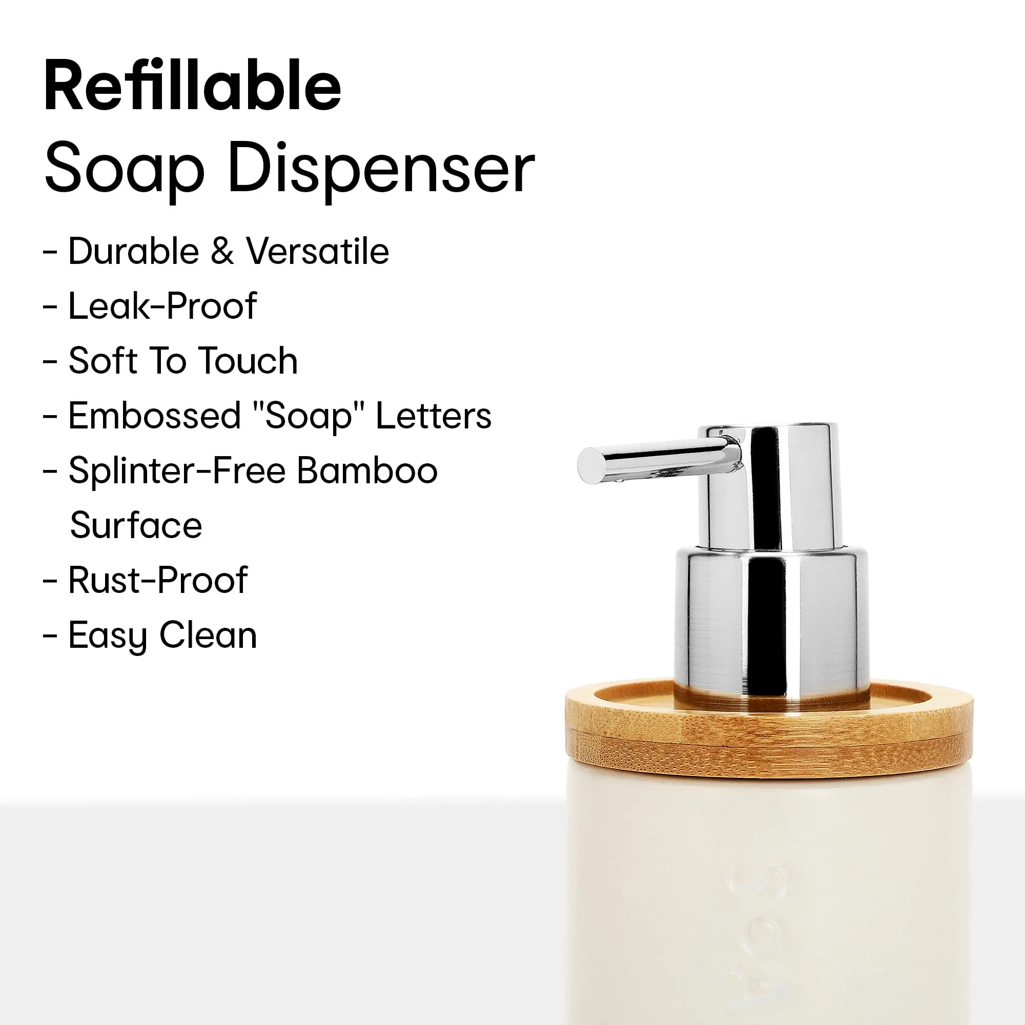 Anko Round Bamboo Soap Dispenser - Set of 2 | Elegant and Functional Bathroom Accessory | Natural Look| Easy to Clean| Aesthetic Bayhroom Decor 250ml Capacity