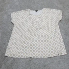 ANN Taylor Womens Blouse top Short Sleeve Crew Neck Geometry White Size Medium