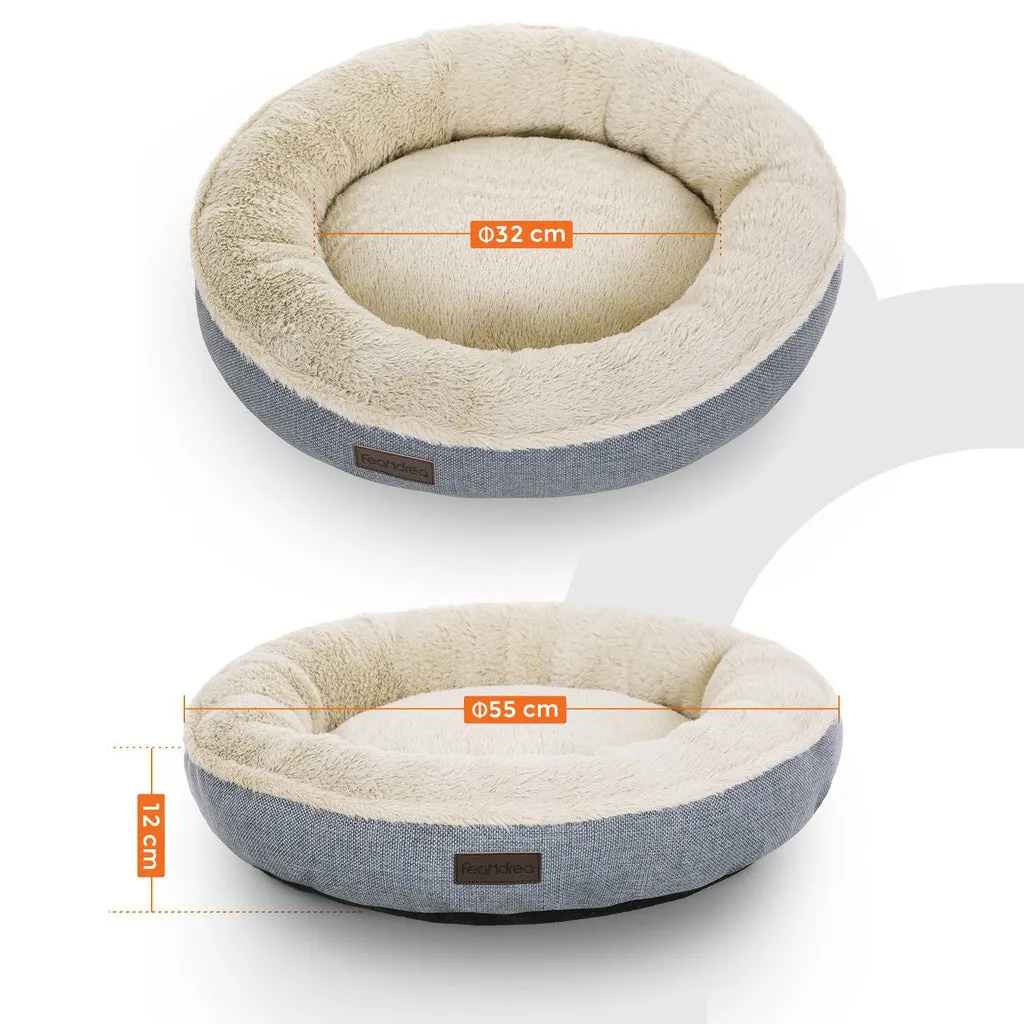 Anti-Slip Grey Round Dog Sofa Bed, 55cm, Plush, Memory Foam, FEANDREA