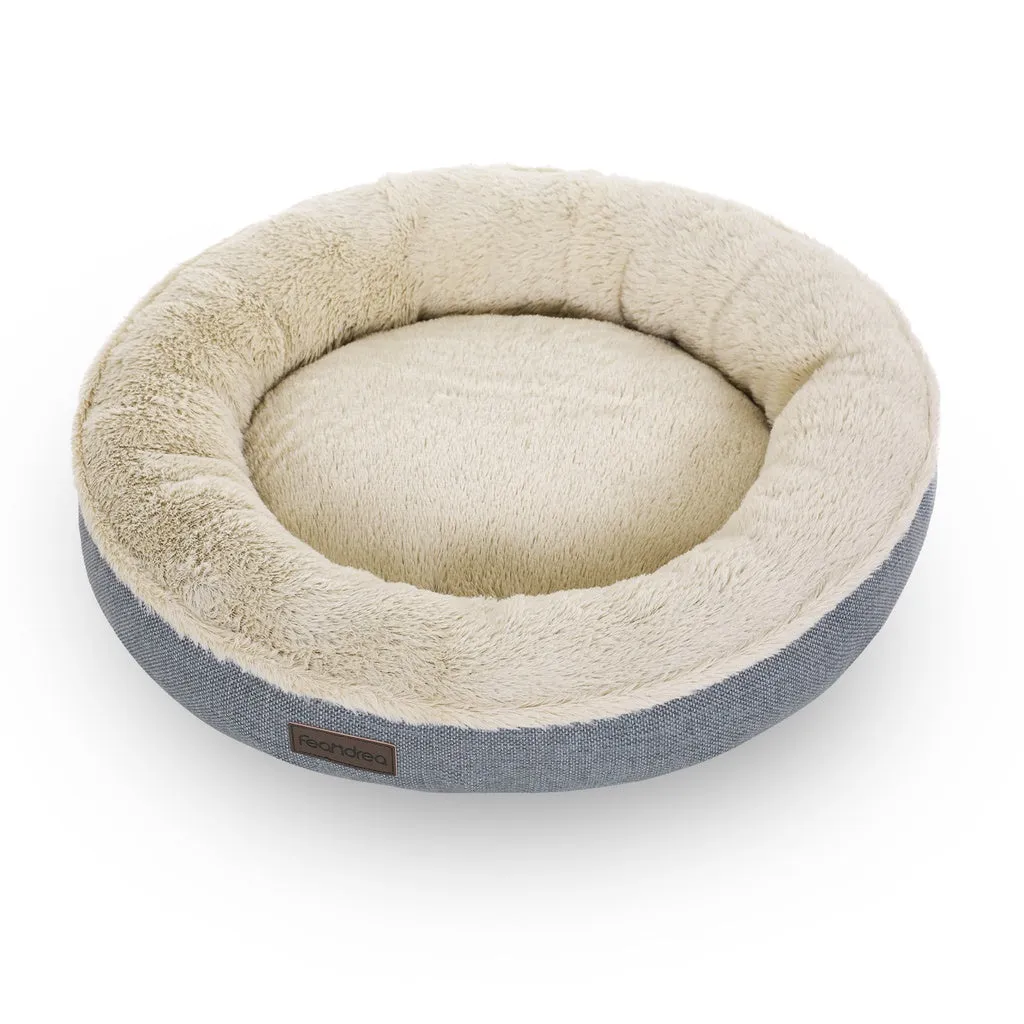 Anti-Slip Grey Round Dog Sofa Bed, 55cm, Plush, Memory Foam, FEANDREA