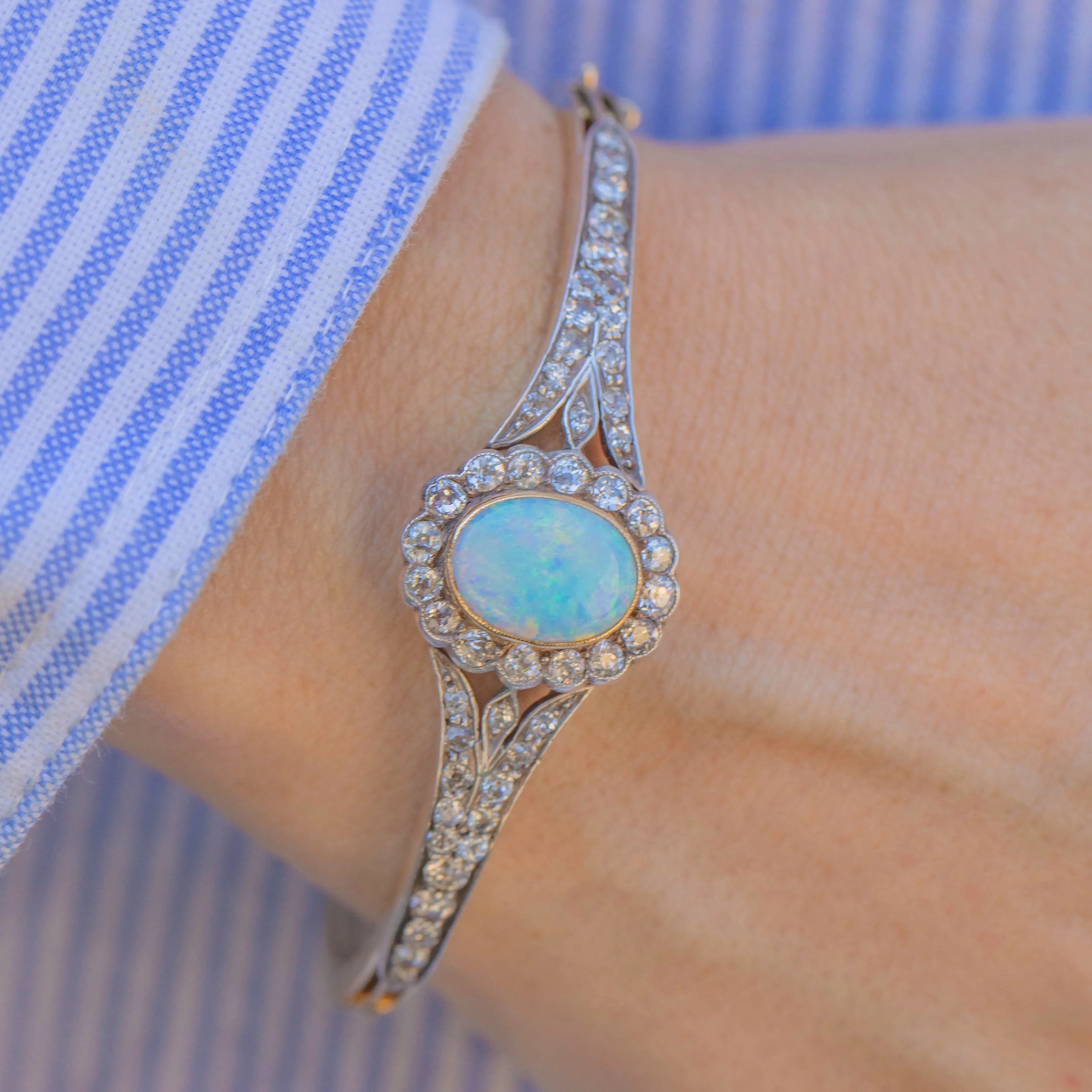 Antique 15ct Gold Opal Diamond Bangle, 1.90ct Diamonds