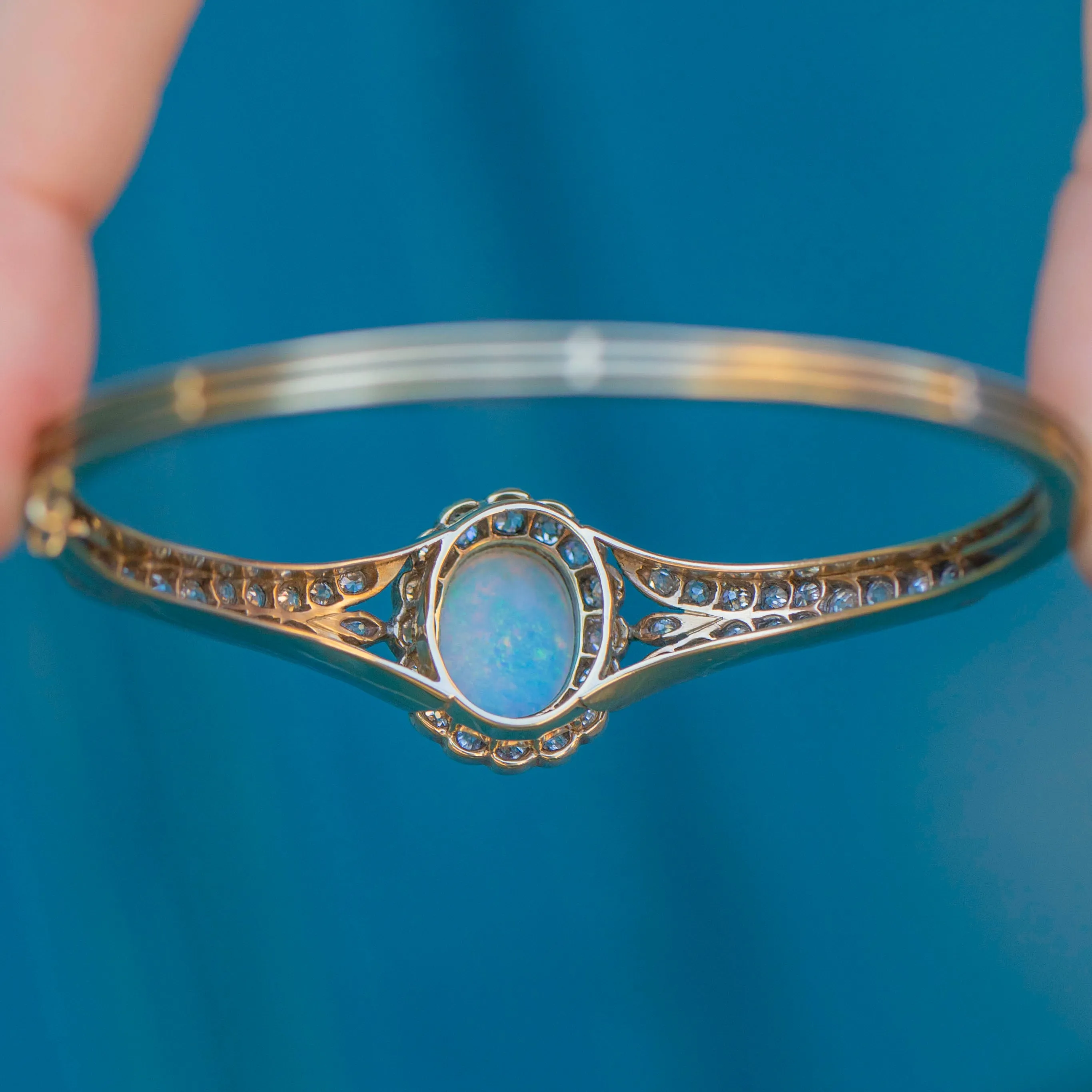 Antique 15ct Gold Opal Diamond Bangle, 1.90ct Diamonds