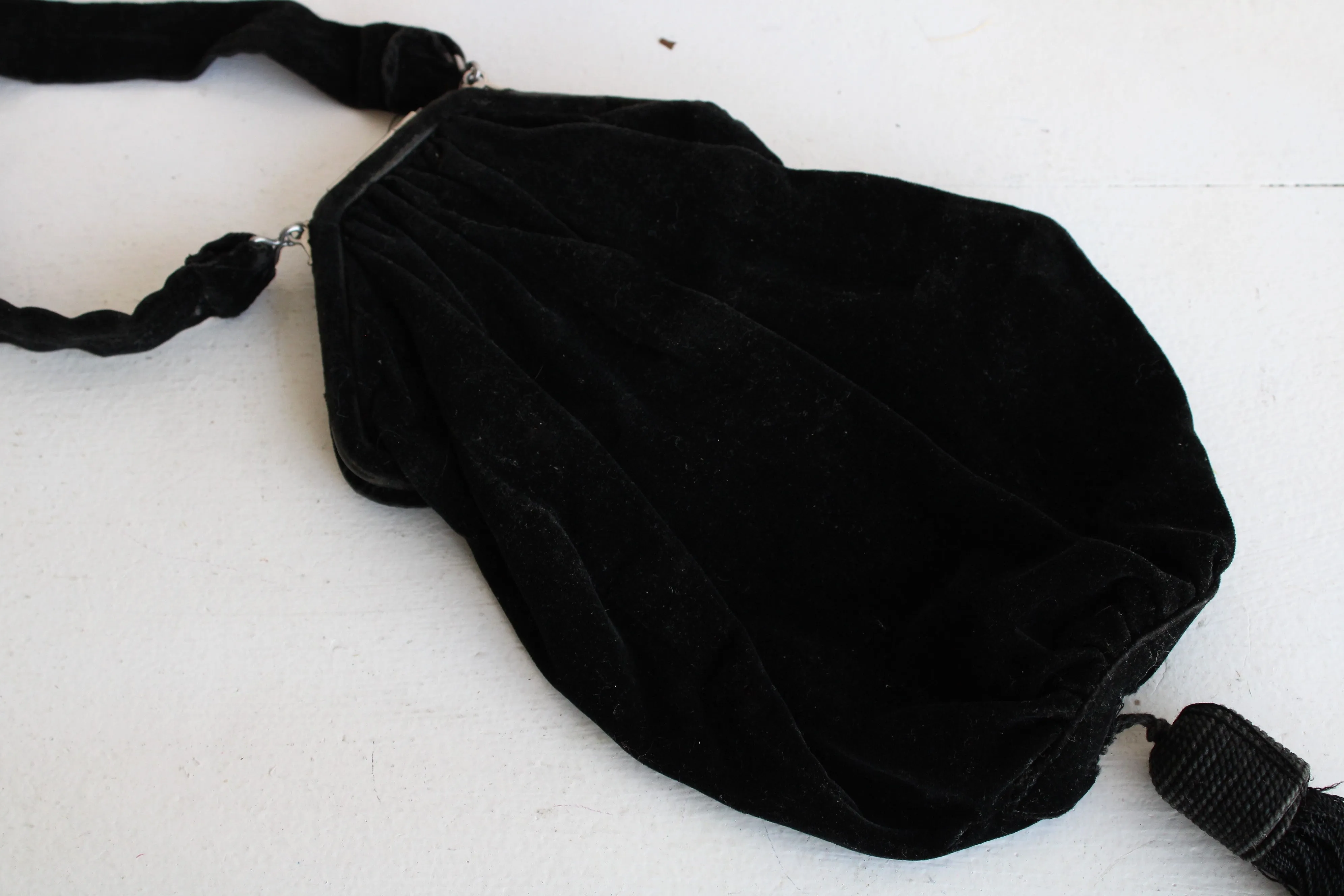 Antique 1910s Black Velvet Reticule with Beaded Flower and Mirror