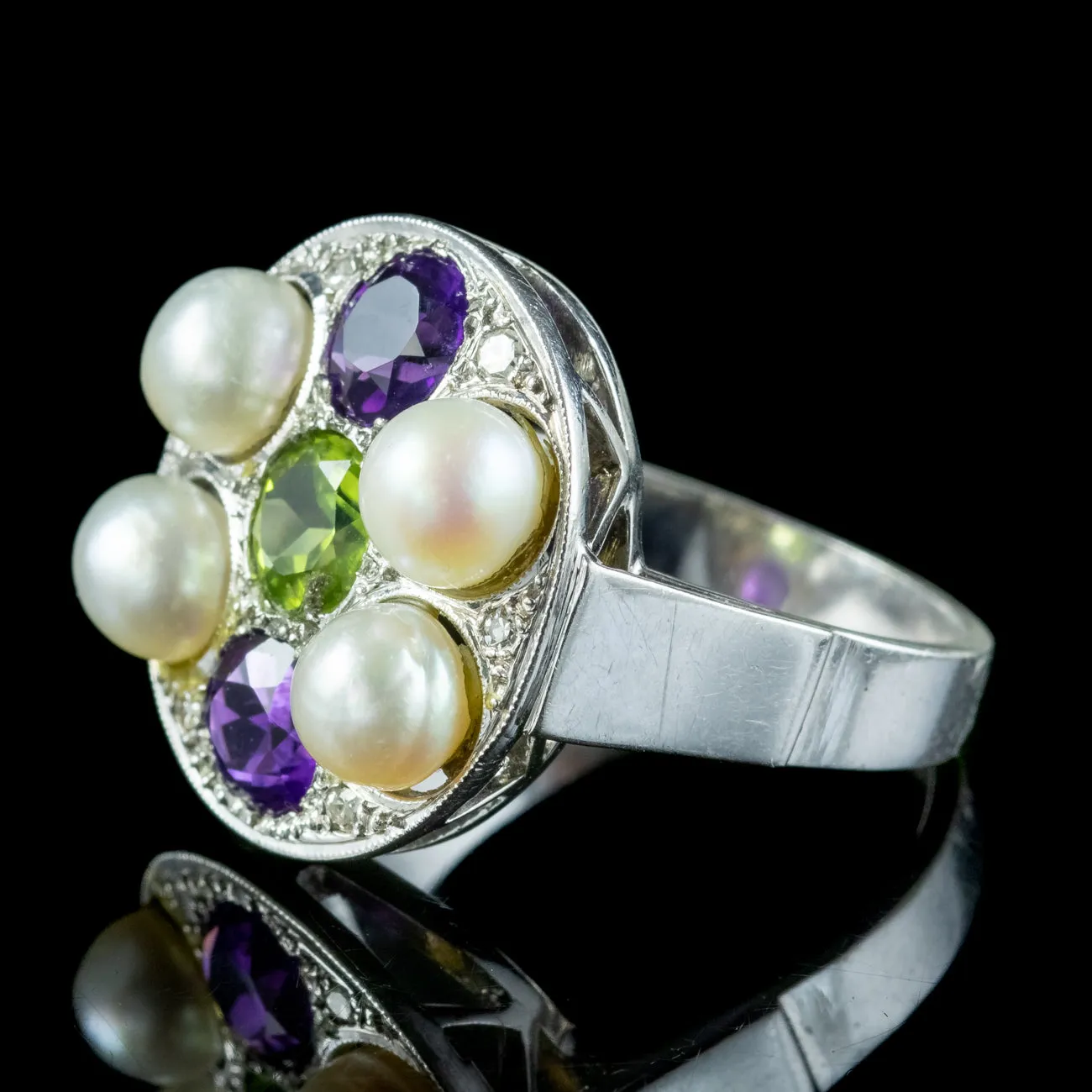 Antique Art Deco Suffragette Cocktail Ring Amethyst Peridot Diamond Pearl