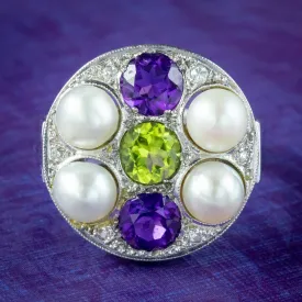 Antique Art Deco Suffragette Cocktail Ring Amethyst Peridot Diamond Pearl