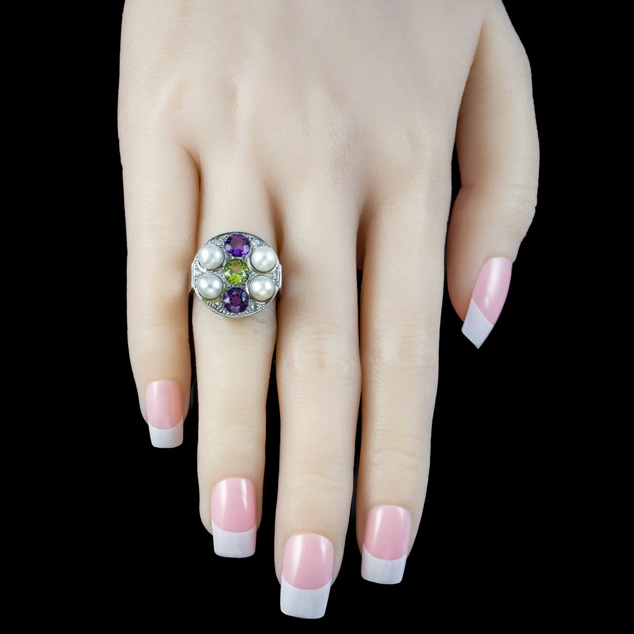 Antique Art Deco Suffragette Cocktail Ring Amethyst Peridot Diamond Pearl