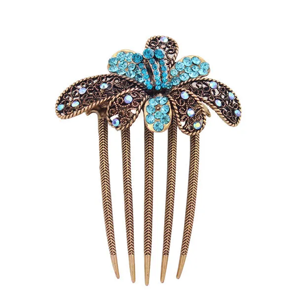 Antique Brass Rhinestone Blooming Flower French Twist Comb