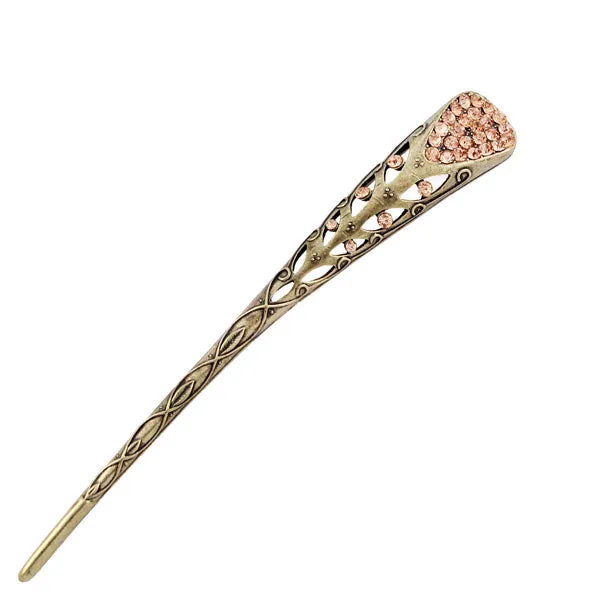 Antique Brass V Shape Hair Stick with Rhinestones