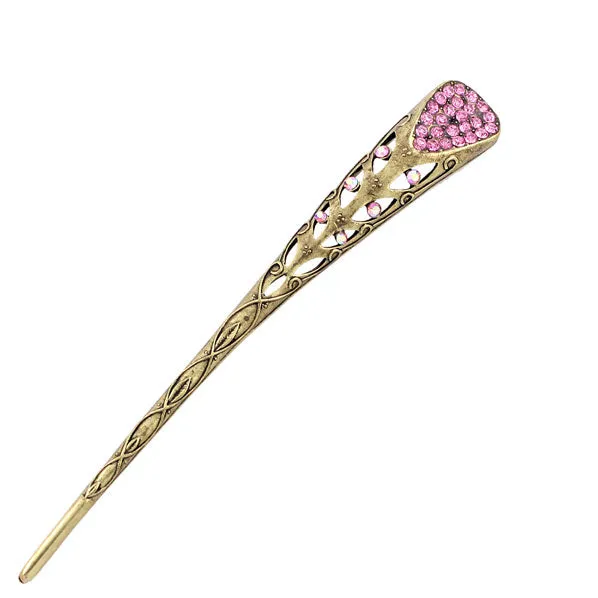 Antique Brass V Shape Hair Stick with Rhinestones