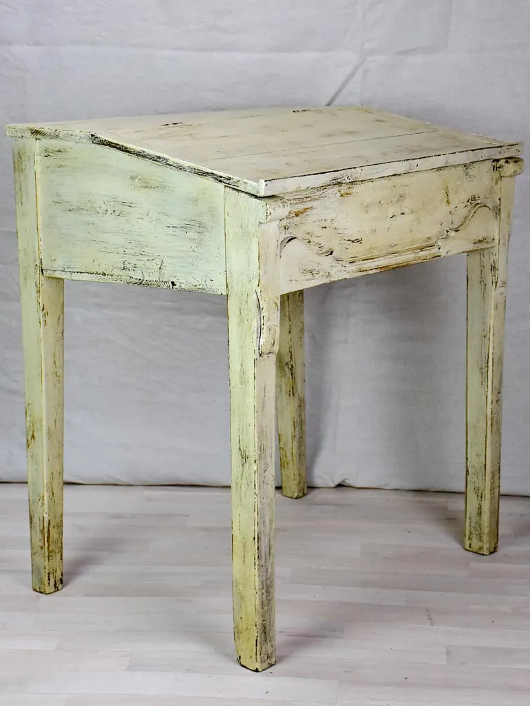 Antique French school desk with lid and gray  / beige patina