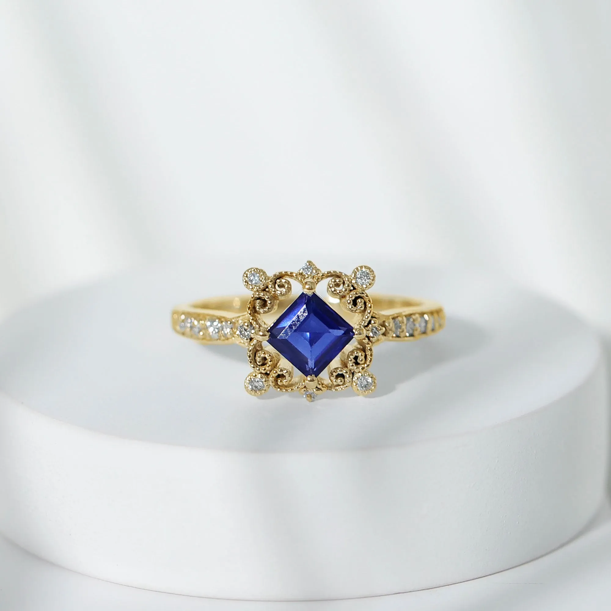 Antique Style Princess Cut Created Blue Sapphire and Diamond Engagement Ring