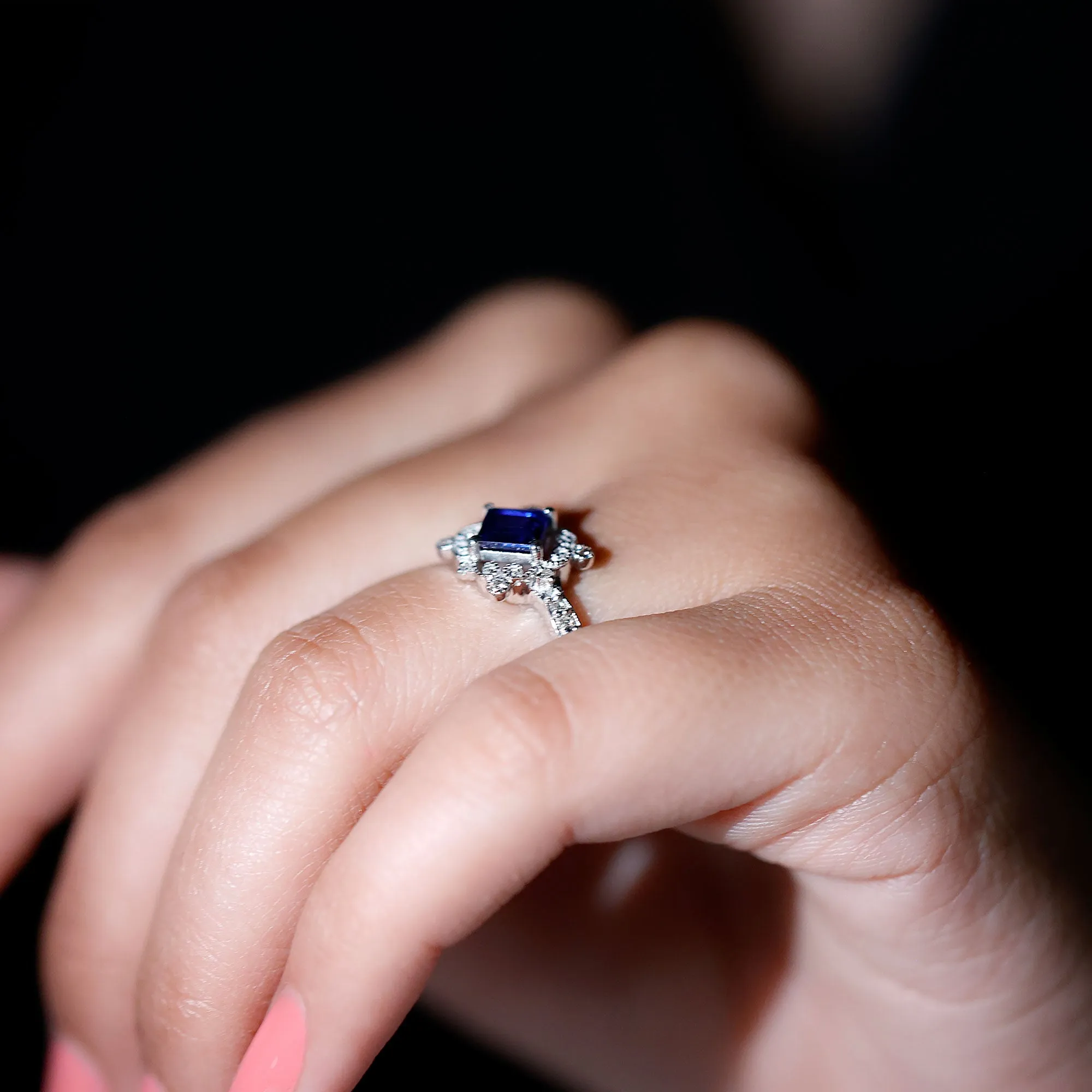 Antique Style Princess Cut Created Blue Sapphire and Diamond Engagement Ring