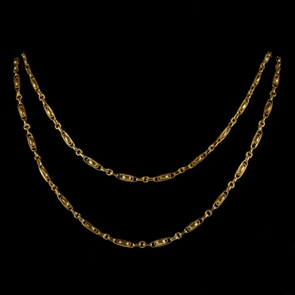 Antique Victorian French Chain 18Ct Gold Silver Sautoir Necklace Circa 1900