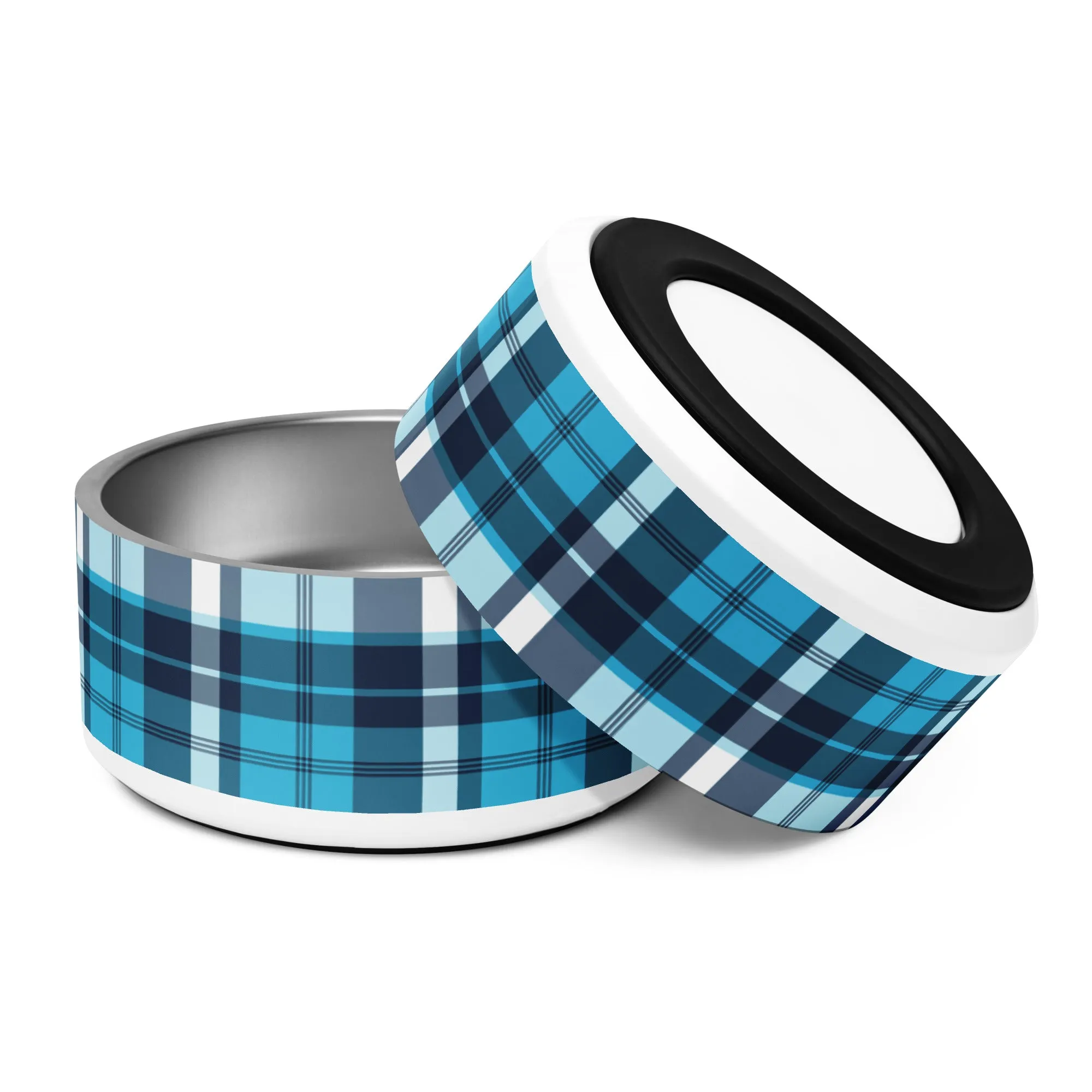 Aqua and Navy Blue Preppy Plaid Pet Bowl