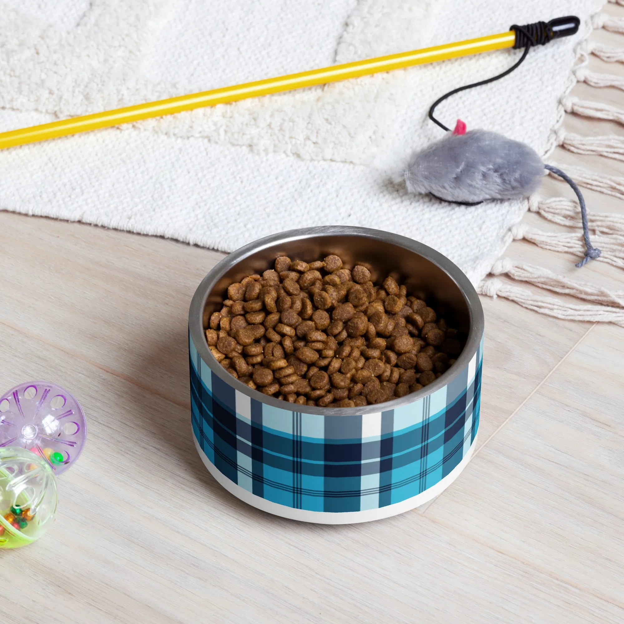 Aqua and Navy Blue Preppy Plaid Pet Bowl