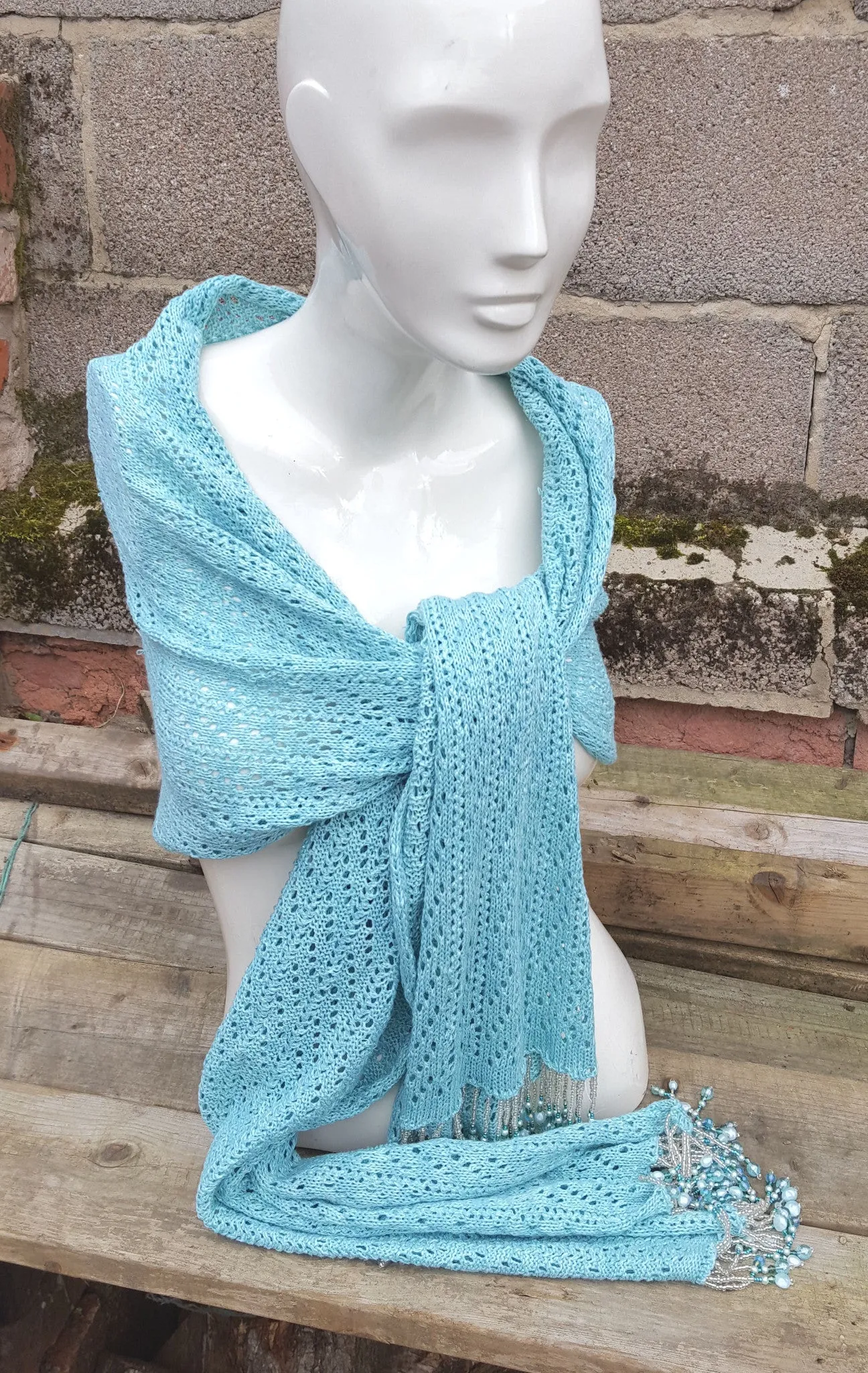 Aqua lace cotton beach wrap, pashmina, shawl