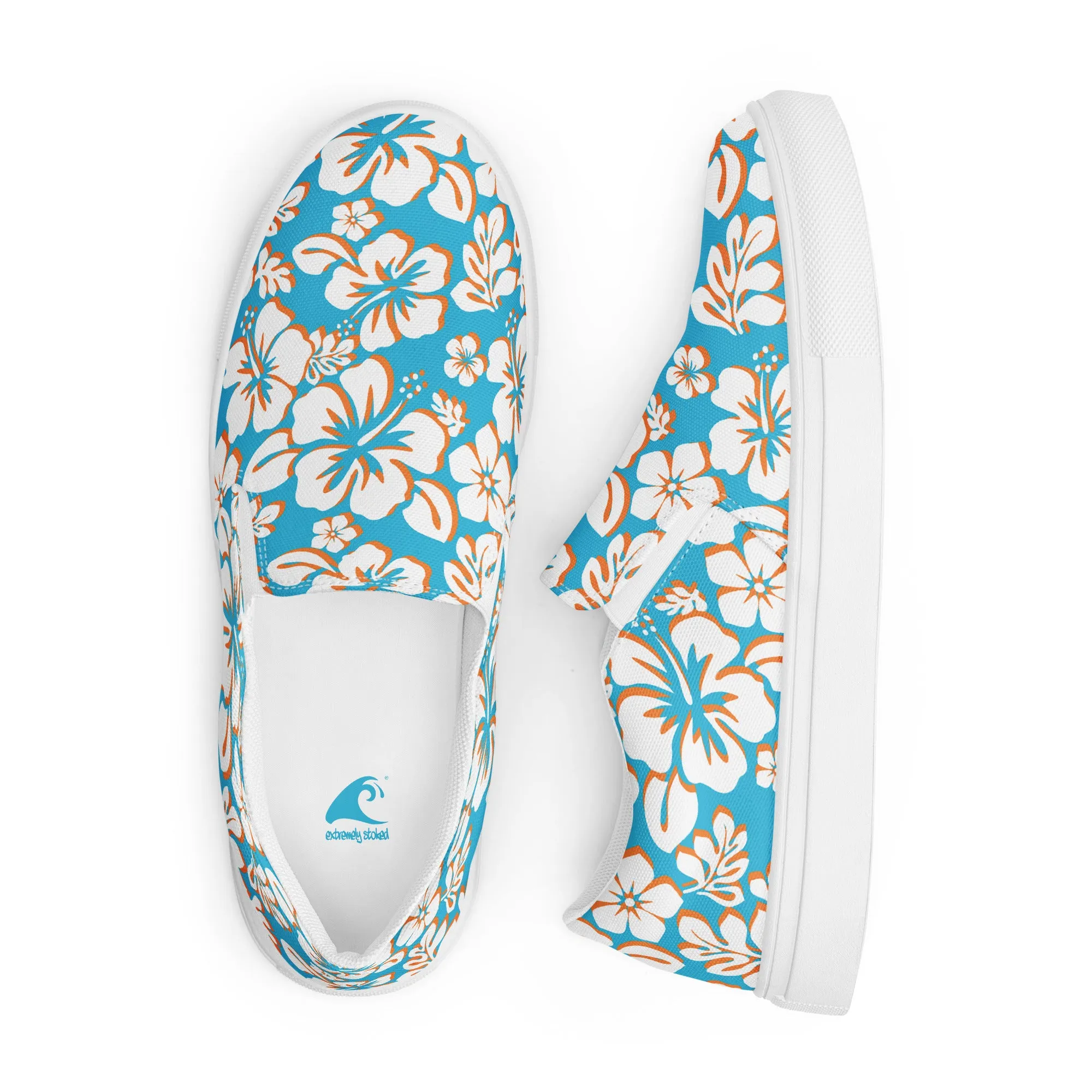 Aqua, Orange and White Hawaiian Flowers Women's Slip On Canvas Shoes