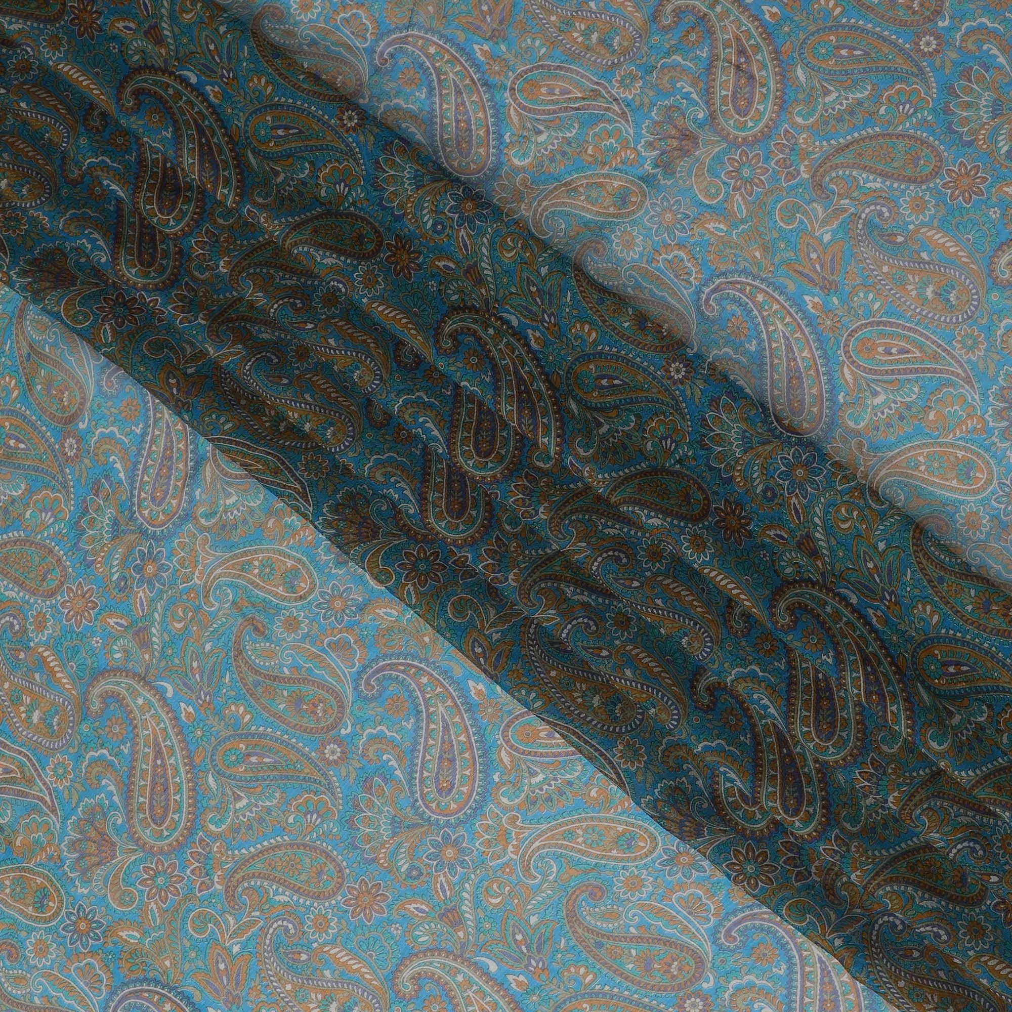 Aqua Paisley Dream Pure Wrinkle Silk Chiffon Fabric - Exotic Print, 110cm Width - Buy Online by the Meter-D18045