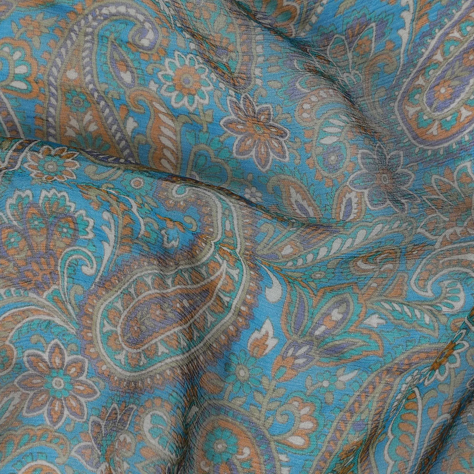 Aqua Paisley Dream Pure Wrinkle Silk Chiffon Fabric - Exotic Print, 110cm Width - Buy Online by the Meter-D18045