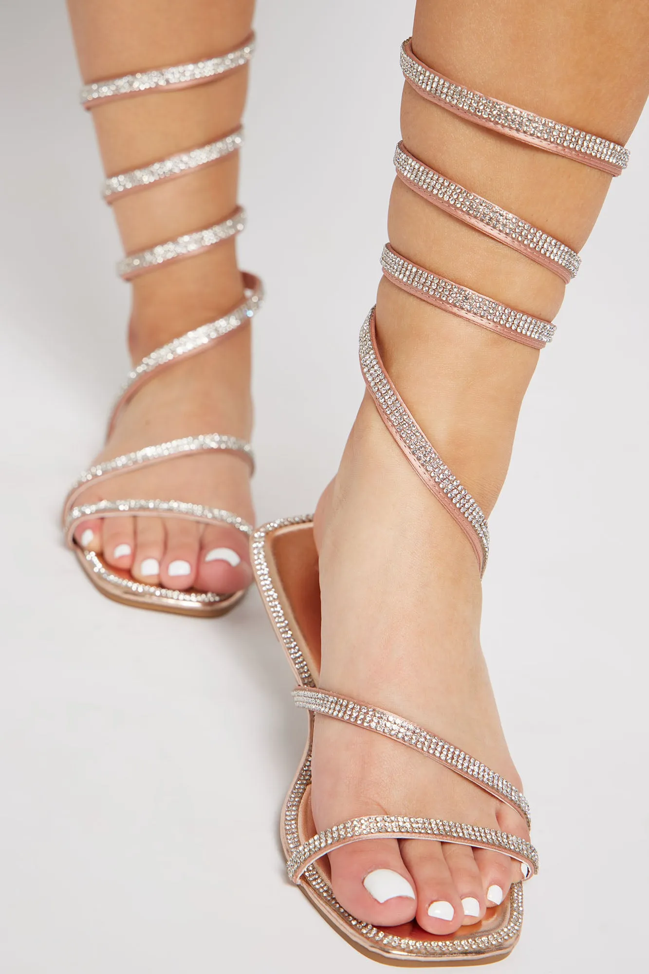 Arabella Rhinestone Wrap Up Sandals - Rose Gold